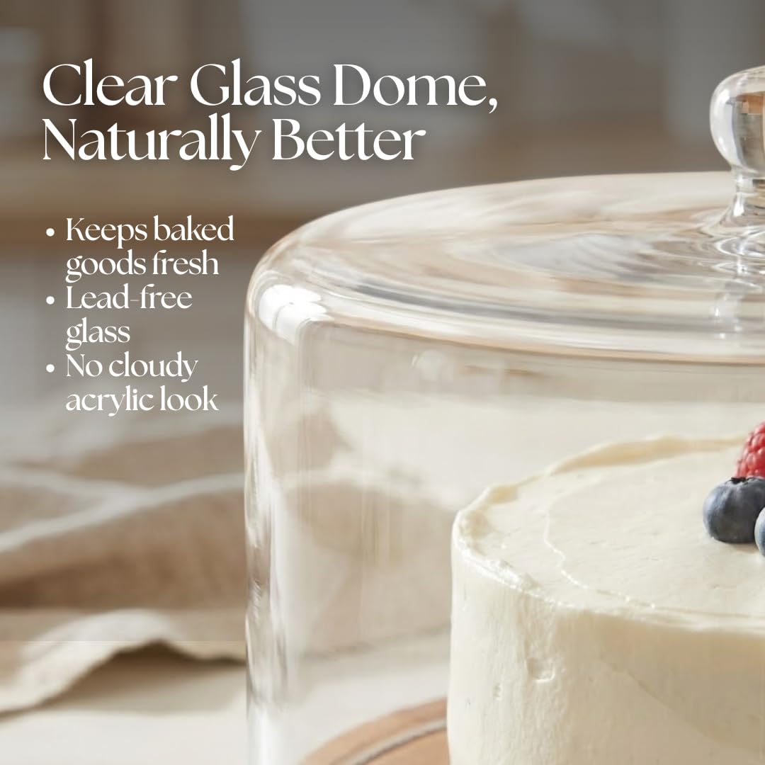 Stellarie Acacia Wood Cake Stand with Glass Dome Lid, Reversible Cake Stand and Serving Board Designed for Everyday Use, Desserts, Charcuterie, and Gifting