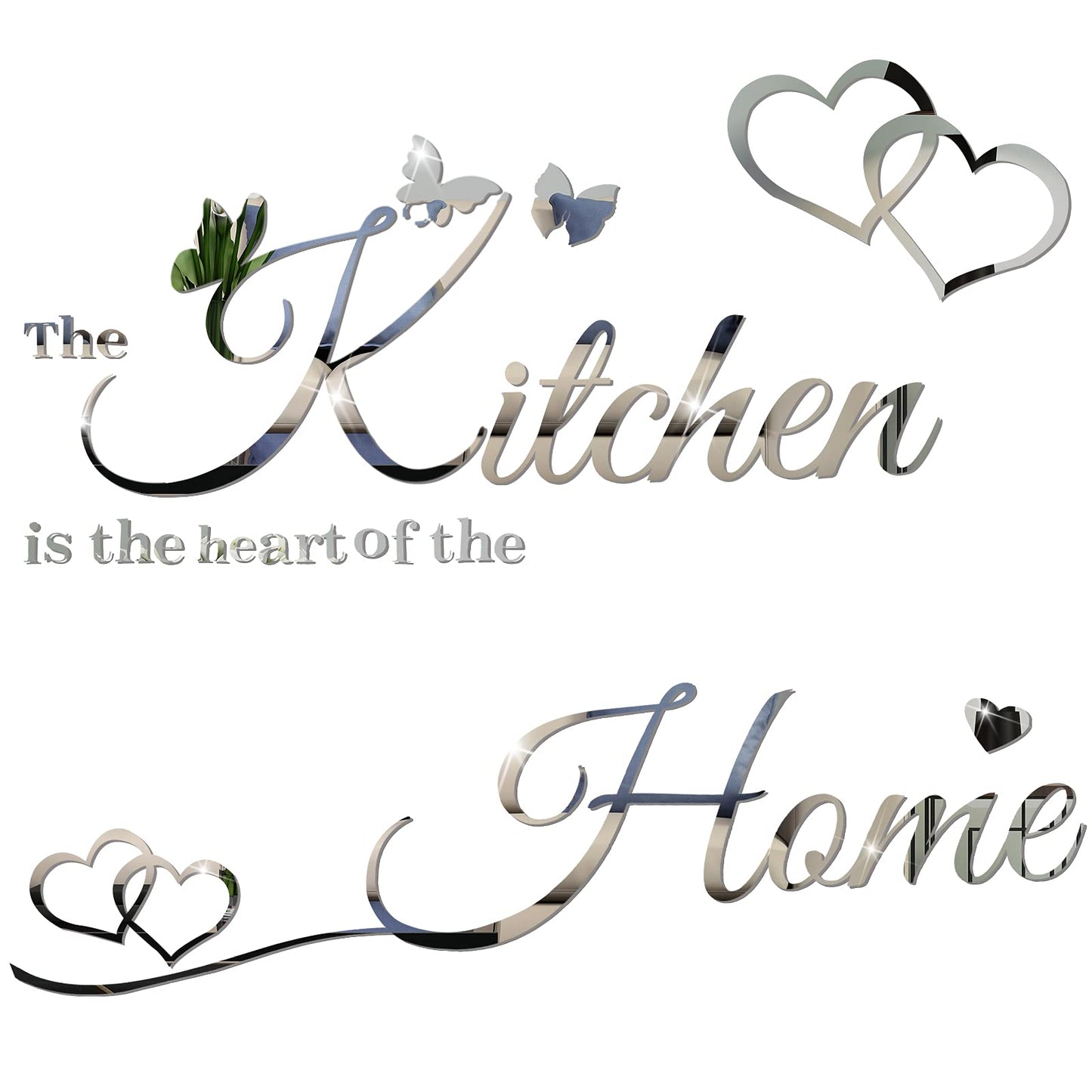 Kitchen Wall Stickers Kitchen The Heart of The Home 3D Acrylic Mirror Wall Decal Removable Quotes Sign Butterfly Heart Saying Decals DIY Art Decoration for Home Dining Room