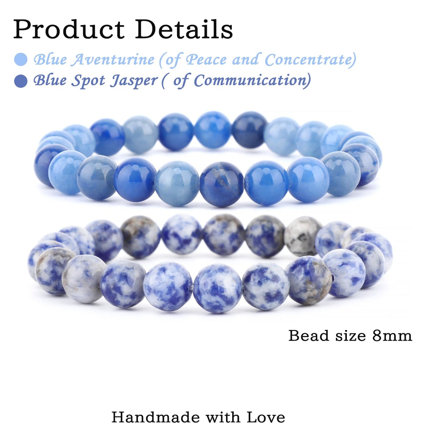 NCB 2-Piece 8mm Natural Crystal Gemstone Stretch Bracelets – ﻿Blue Aventurine, Blue Spot Handmade Reiki Energy Healing Jewelry for Meditation,Yoga, Unisex