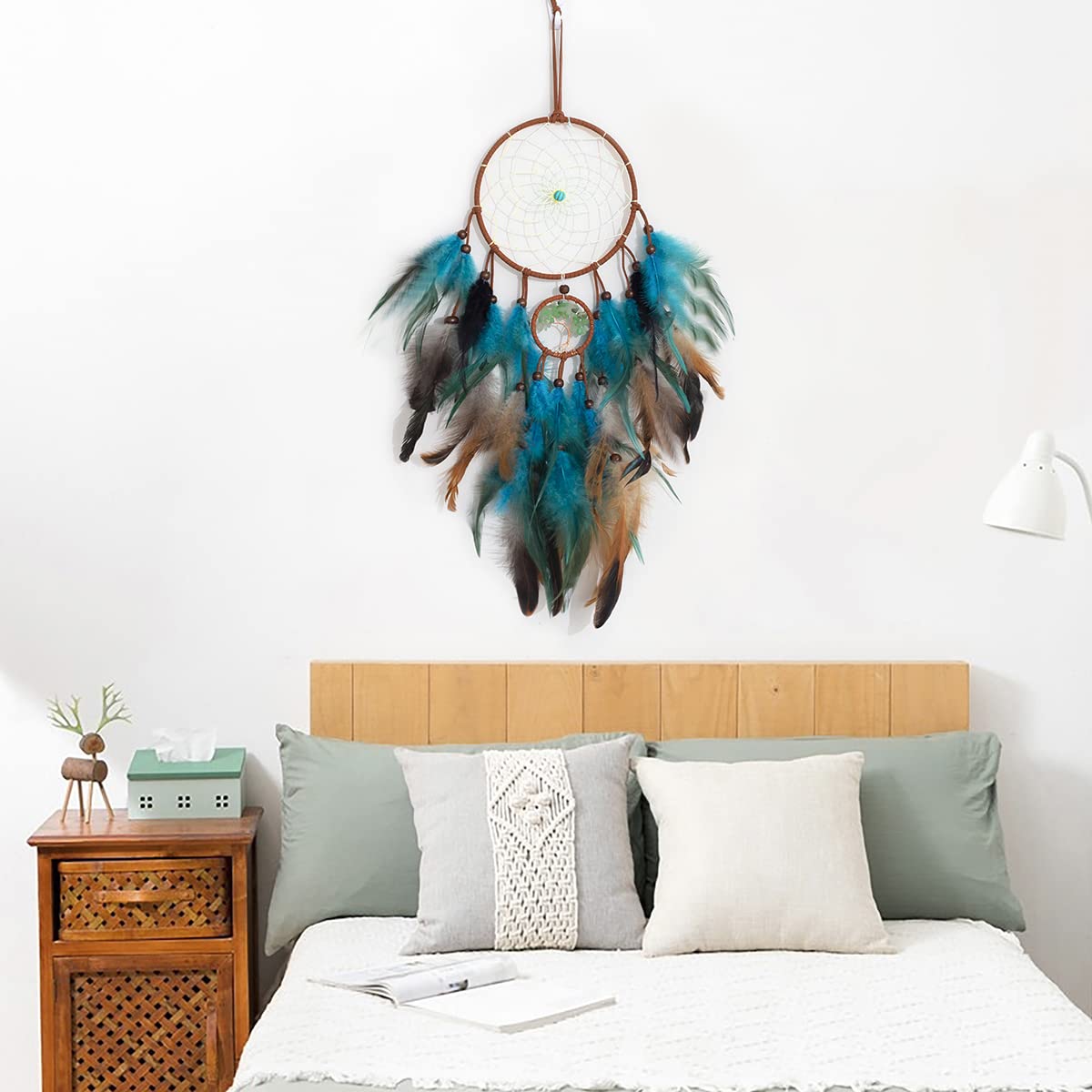 Dream Catcher Blue Tree of Life with Feathers, Handmade Indians Traditional Circular Net for Wall Hanging Decor, Bedroom Kids, Home Decoration Wedding Party Blessing Gift