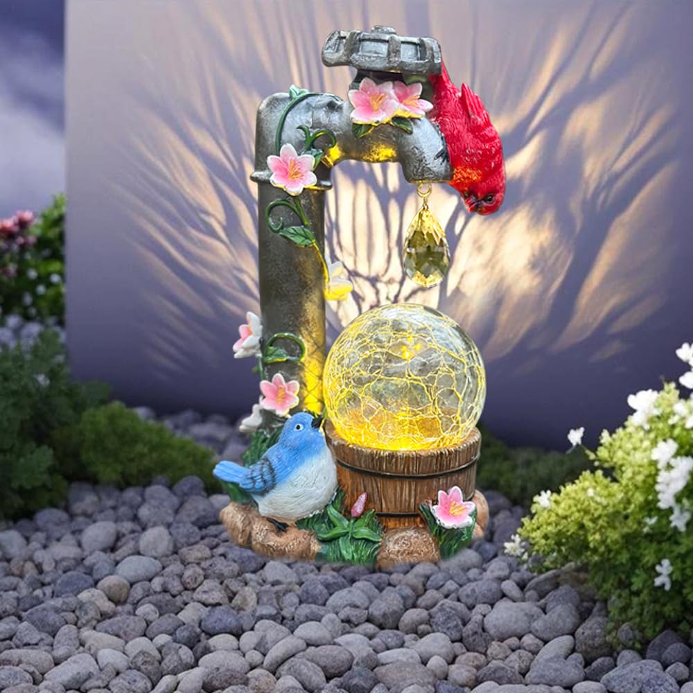 ZYLiWoo Solar Cardinal Garden Statue Decoration, Water Faucet and Solar Light Glass Ball, Outdoor Resin Garden Statue, Cardinal Gift, Women's Mother's Birthday Gift, Size 9.45 inches
