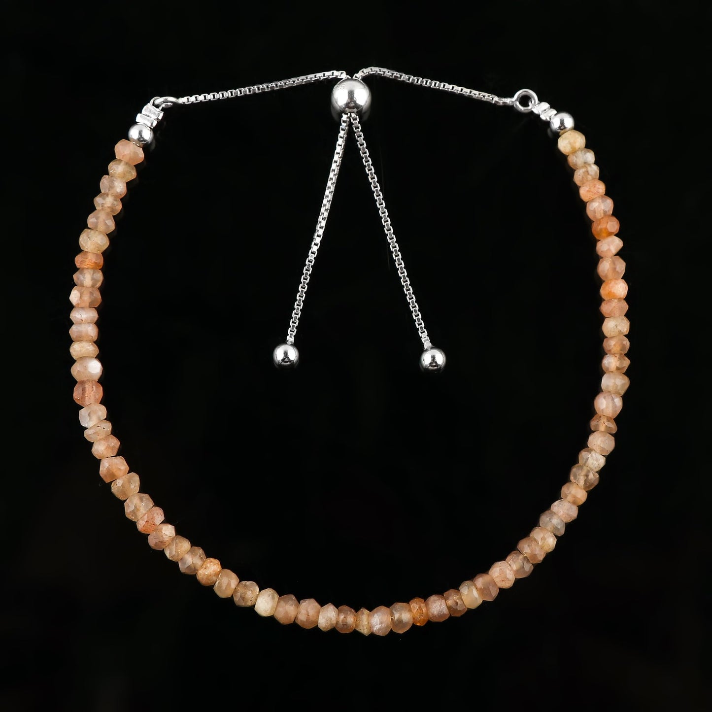 CRYSTALIS Natural Peach Moonstone Gemstone Beads Slider Bolo Bracelet, High Grade Beaded Crystals, Chakra Healing Stone, Gift Giving Women Jewelry, 925 Sterling Silver Slider 10 inch