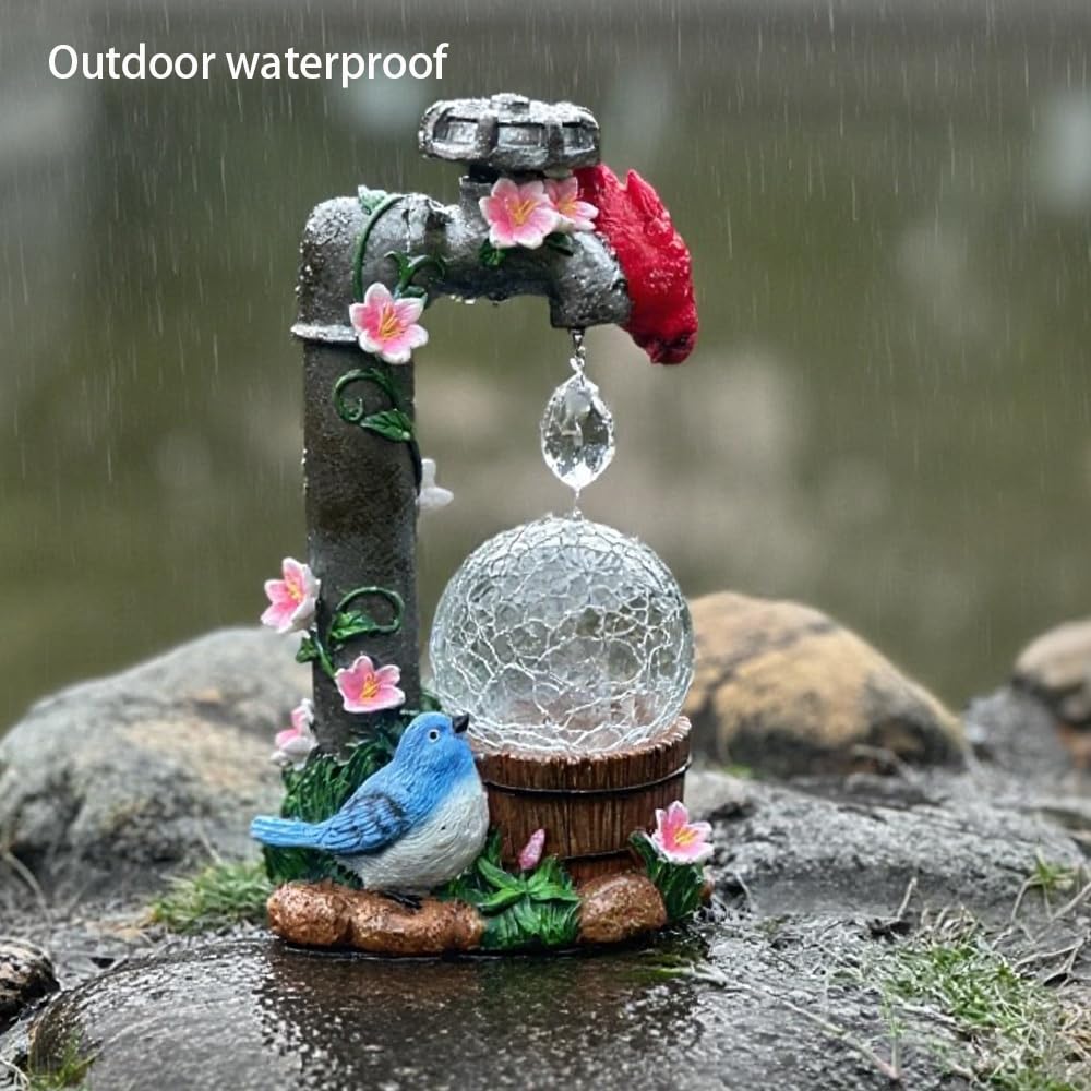 ZYLiWoo Solar Cardinal Garden Statue Decoration, Water Faucet and Solar Light Glass Ball, Outdoor Resin Garden Statue, Cardinal Gift, Women's Mother's Birthday Gift, Size 9.45 inches