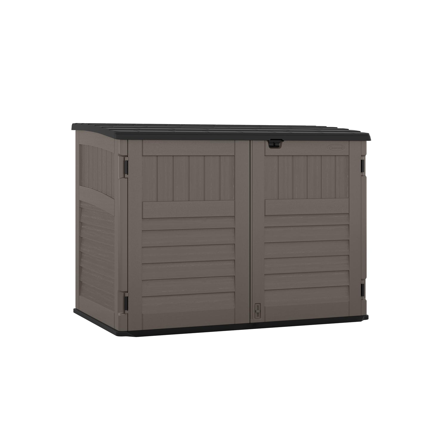 Suncast 5.9 ft. x 3.7 ft Horizontal Stow-Away Storage Shed - Natural Wood-Like Outdoor Storage for Trash Cans and Yard Tools - All-Weather Resin, Hinged Lid, Reinforced Floor - Made in The USA