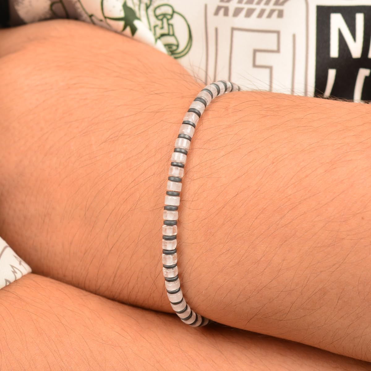 Casvia Lumina Path Men's Beaded Bracelet, White Quartz & Hematite, Adjustable Stainless Steel Dual Clasps, Thickened Wear-resistant Handmade Minimalist Jewelry, Daily Wear Gift for Men & Friends