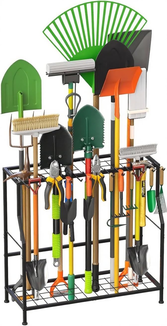 Garden Tool Organizer 2 Tier Yard Storage Rack With14 Hooks,Heavy Duty Holder With 43 Long-Handled Slots,Freestanding Tool Organizers and Storage for Yard Shed and Lawn