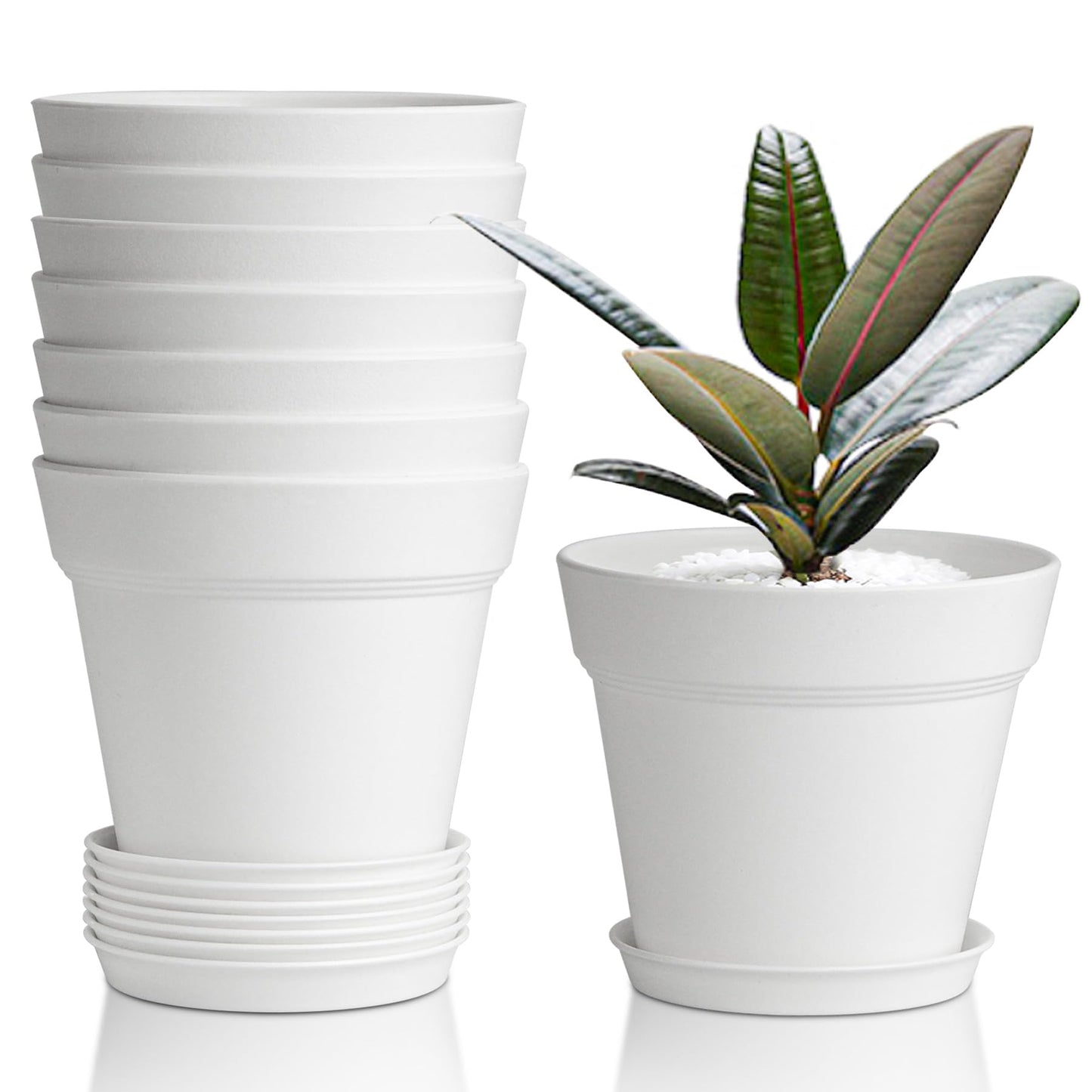 T4U 4 Inch Plant Pots 8-Pack, Small Flower Pots with Drainage Hole and Saucer, Decorative Nursery Pot Bulk for African Violet, Snake Plant, Succulent, Herb and Plants Indoor (8 Pcs 4" Pots, White)