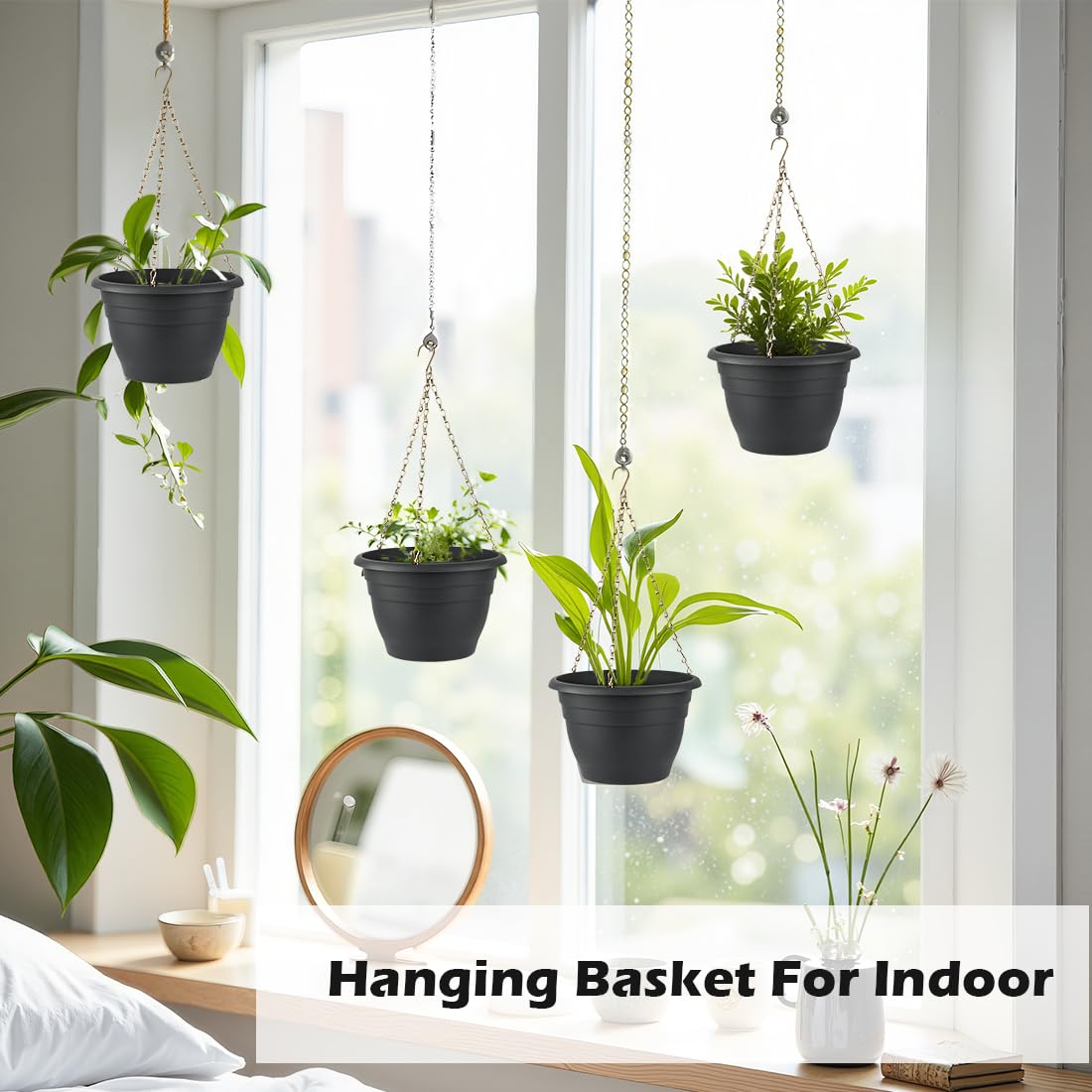 RooTrimmer Hanging Planters 10 Inch, 4 Pcs Flower Pots with Drainage Hole, Self Watering Hanging Basket for Indoor Outdoor Plants, Decor, Gray