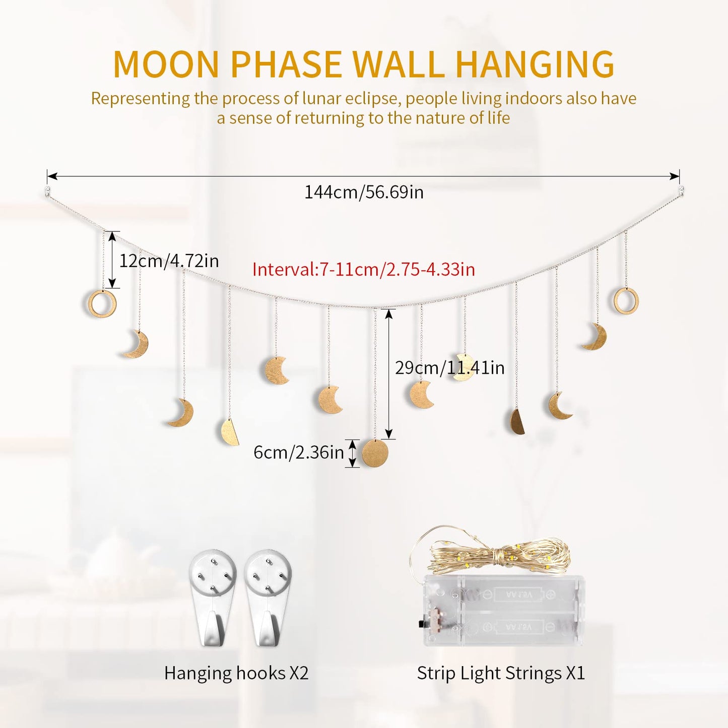 Brmeday Moon Phase Wall Decor with LED String Light, 13 Gold Wood Boho Wall Hanging Decor Mood Garland 56'' - Celestial Phases Moon Decoration in Bohemian Style for Bedroom Living Room, Gifts for Mom