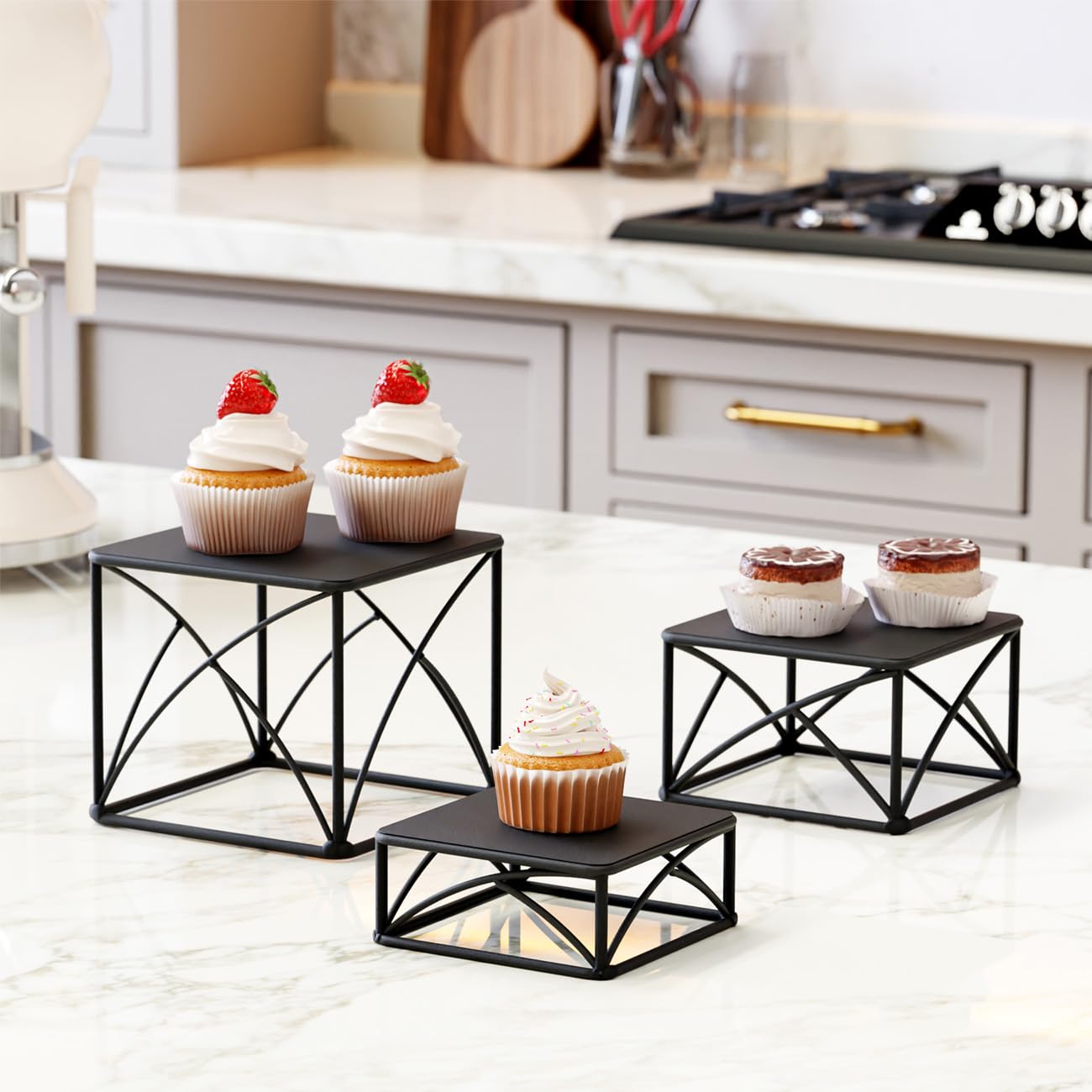 BYCY Dessert Tabletop Risers 6 Inch White Square Matte Wire Nesting Cupcake Risers Display Stand Shelf for Catering Collectibles Jewelry Figures Show , Set of 3 (Black)