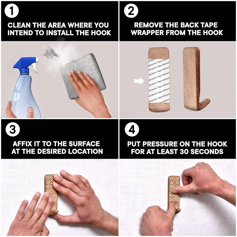Indian Shelf Boho Wood Adhesive Wall Hooks - 3 Pack Decorative Peel and Stick Key Hooks - Unique Wall Hangers for Bathroom & Entryway