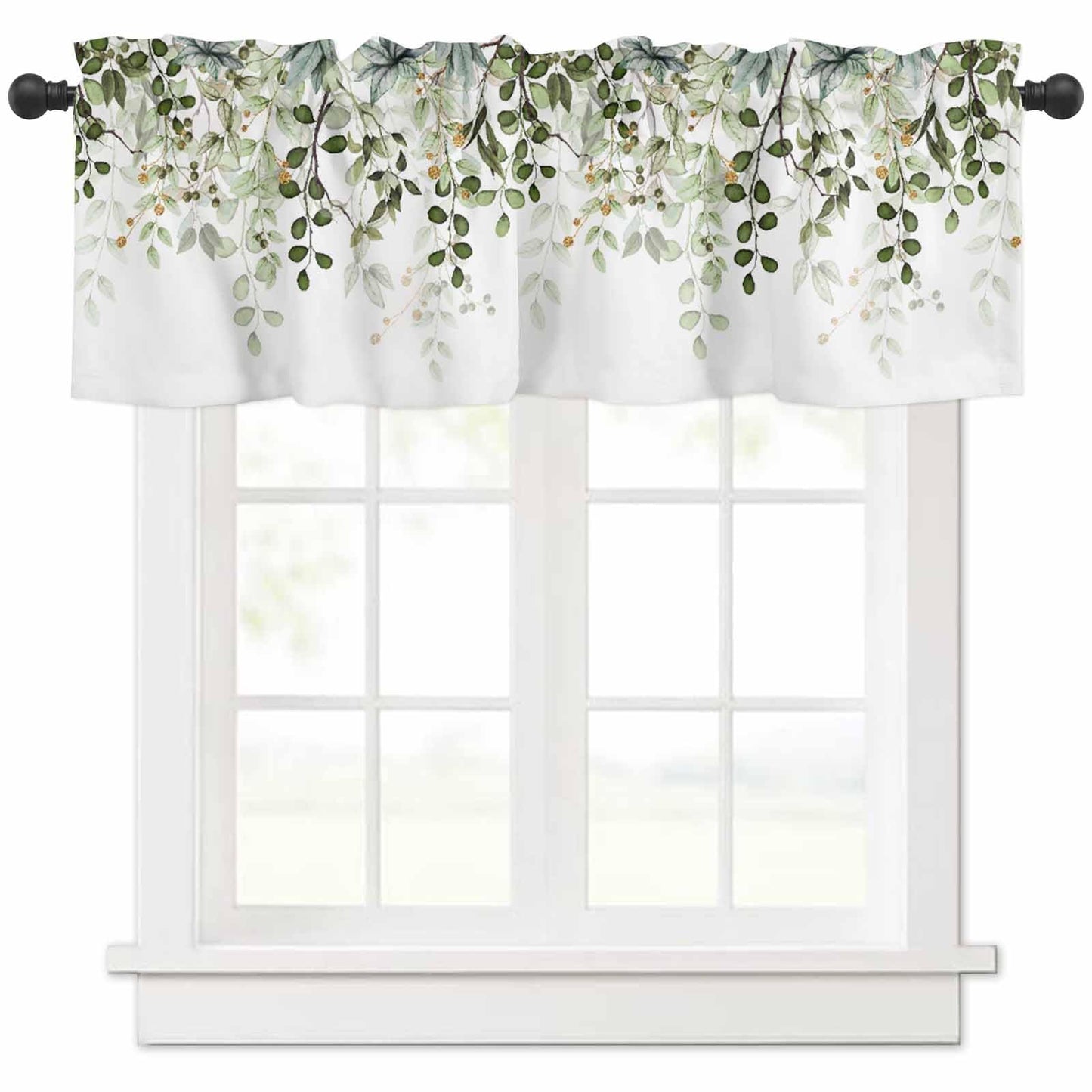 AYTTBIS Sage Green Eucalyptus Leaves Curtain Valance for Windows Watercolor Window Treatments 1 Panel Short Curtains for Kitchen Windows Bathroom Bedroom,42 x 12 Inch
