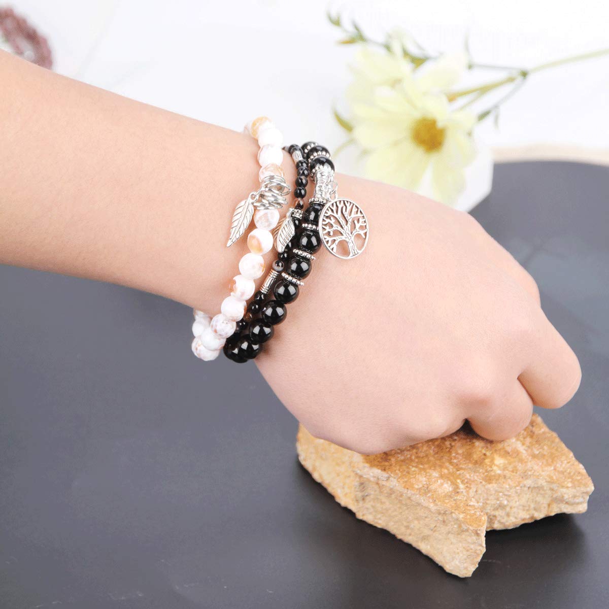 Jardme Black Obsidian Onyx Healing Crystal Bracelets for Women, 8mm Beaded Natural Stone Stretch Chakra Bracelets Tree of Life Bracelet Jewelry Gifts for Women