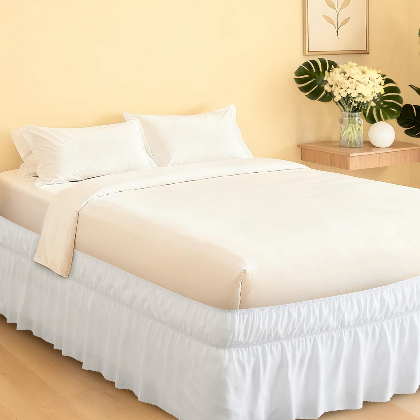 SPRINGSPIRIT Queen Bed Skirt with Elastic Strap, Ruffle Bed Skirting with 16 inch Drop, Wrinkele Free, Machine Washable, Hotel Quality, White