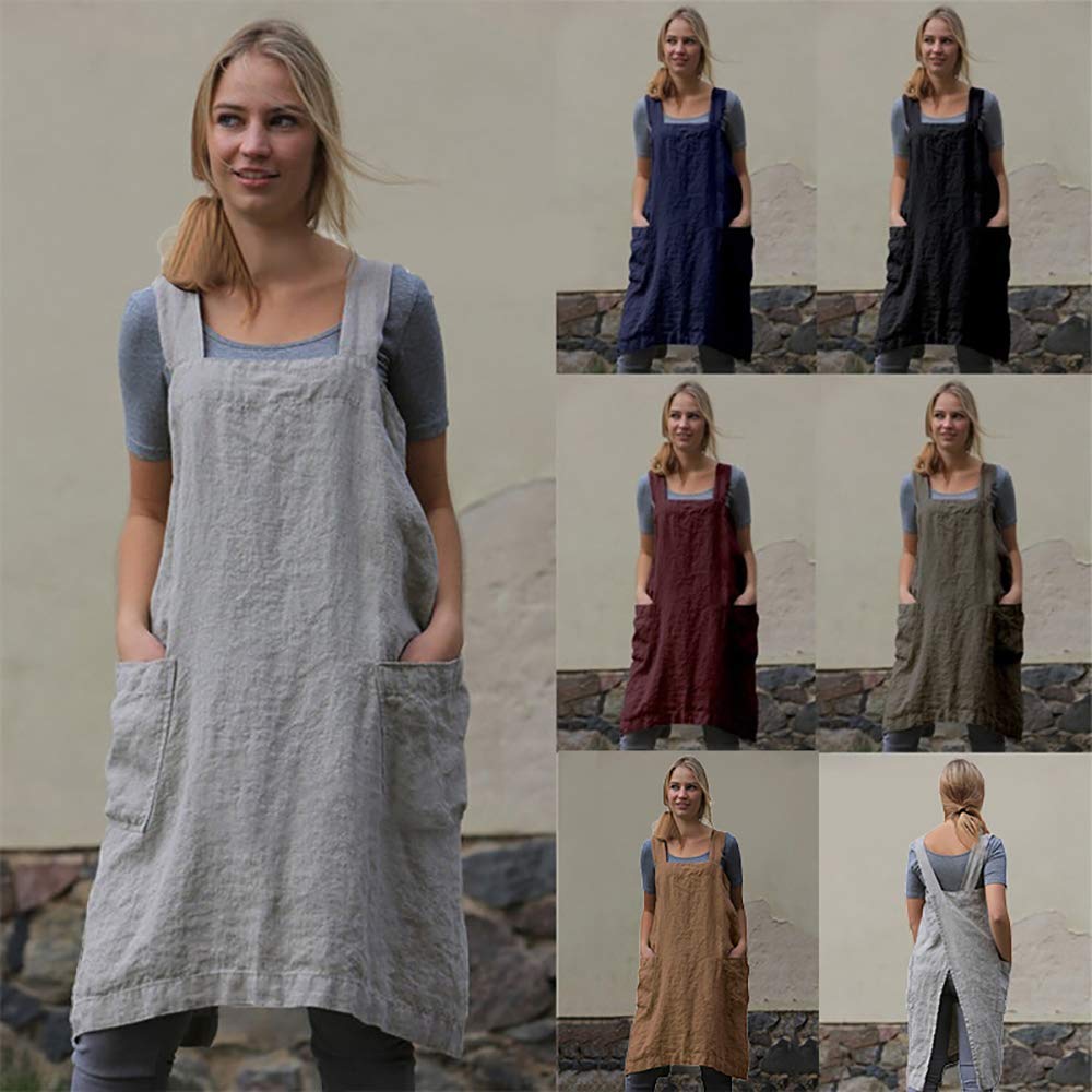 Larmliss Women's Pinafore Square Apron Baking Cooking Gardening Works Cross Back Cotton/Linen Blend Dress with 2 Pockets Purple-M