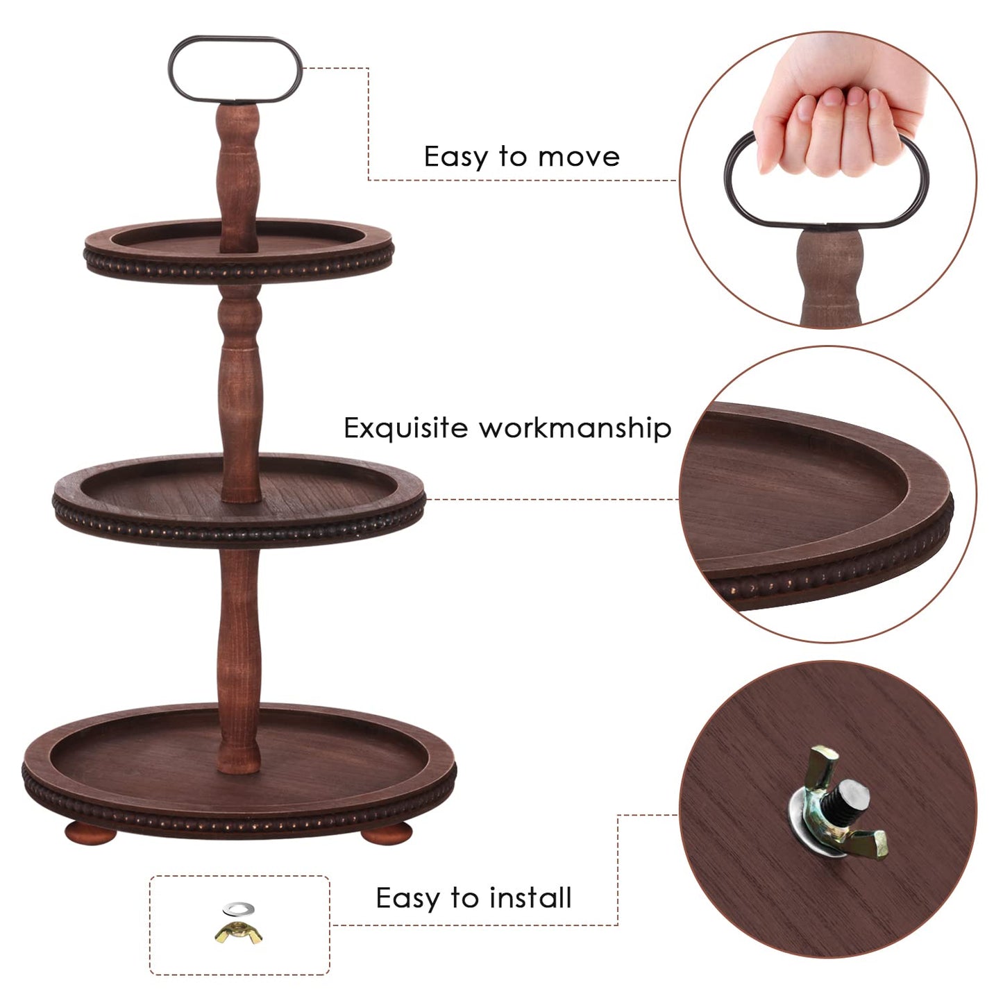 Urban Deco Wooden Tiered Tray 3-Tier Decorative Tray Stand Farmhouse Serving Tray, Round Wooden Cupcake Display Stand with Metal Handle, Brown Tiered Fruits Tray for Home Party Decorations