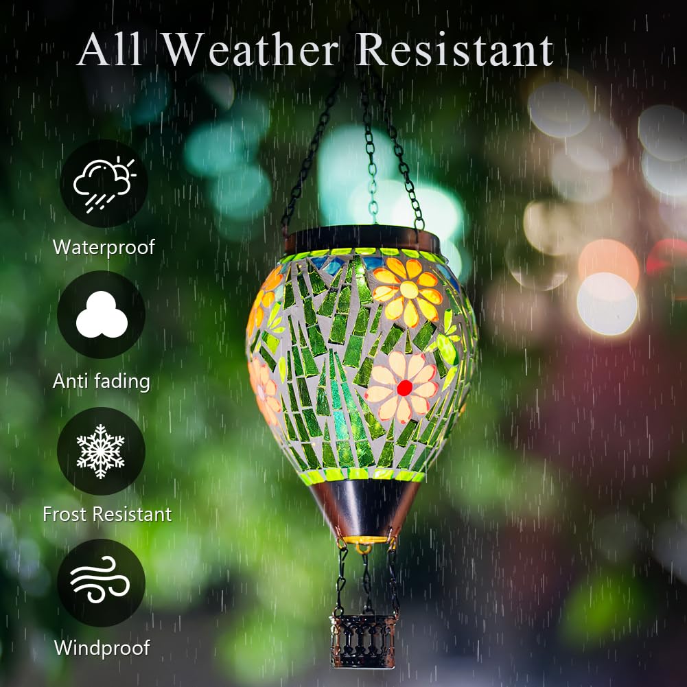 Giole Mosica Hot Air Balloon Solar Lantern, Flower Pattern Glass Hanging Solars Lanterns Outdoor Waterproof Decorative Solar Light for Garden, Yard, Patio Decor