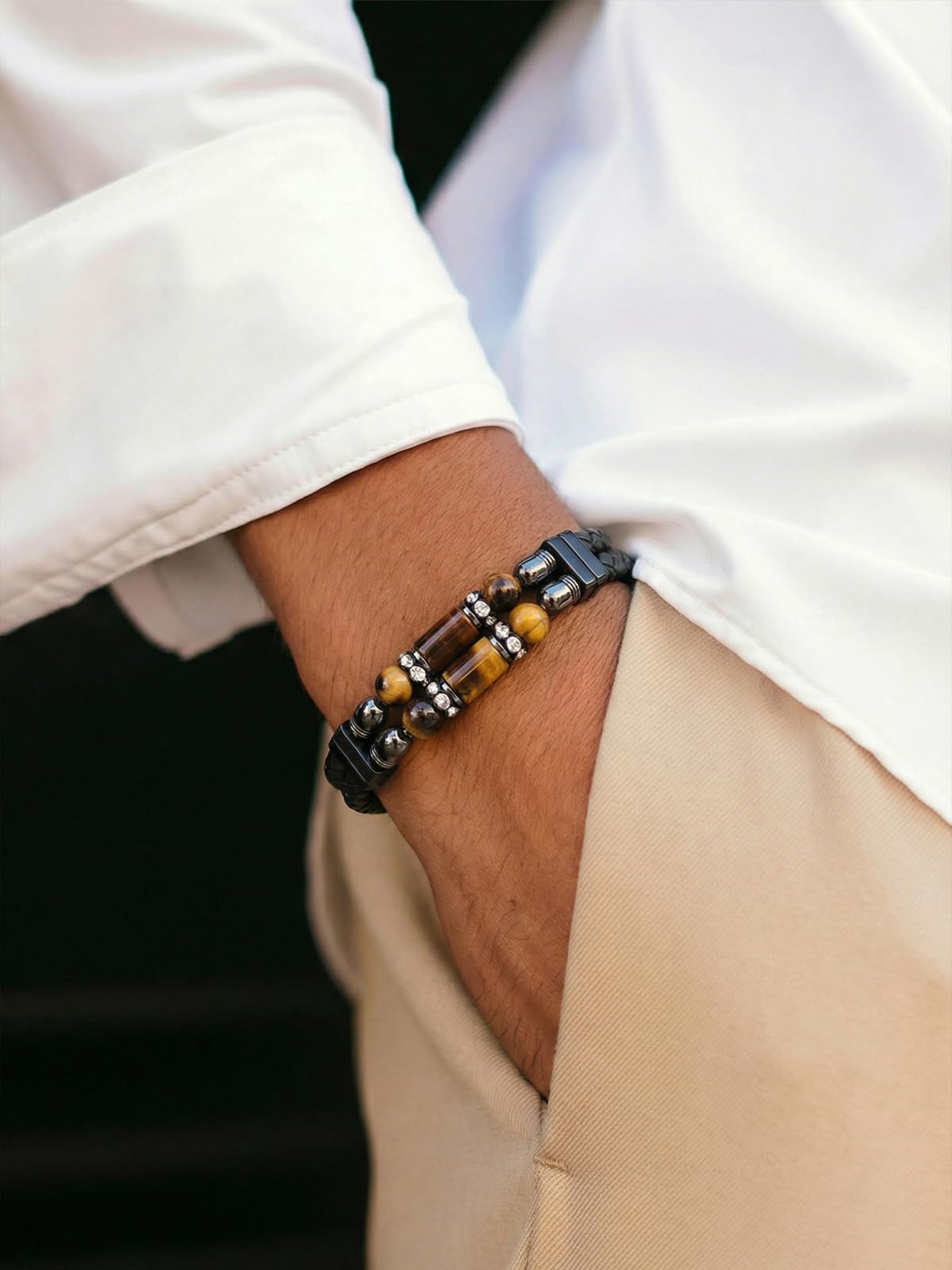 Mrcaois Leather Bracelet Tiger Eye Stone Braided Woven Multi‑Layer Wristband Cuff Bracelets Steel Clasp Bangle for Men Gifts