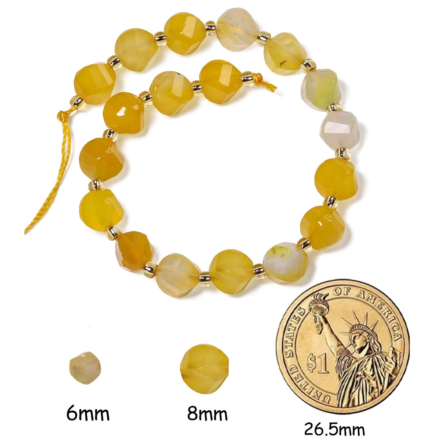 Yochus 42pcs Natural Yellow Striped Agate Stone Beads for Bracelet，2strands 6mm Facted Twist Loose Gemstone Beads for Jewelry Making DIY Craft Necklace Earring