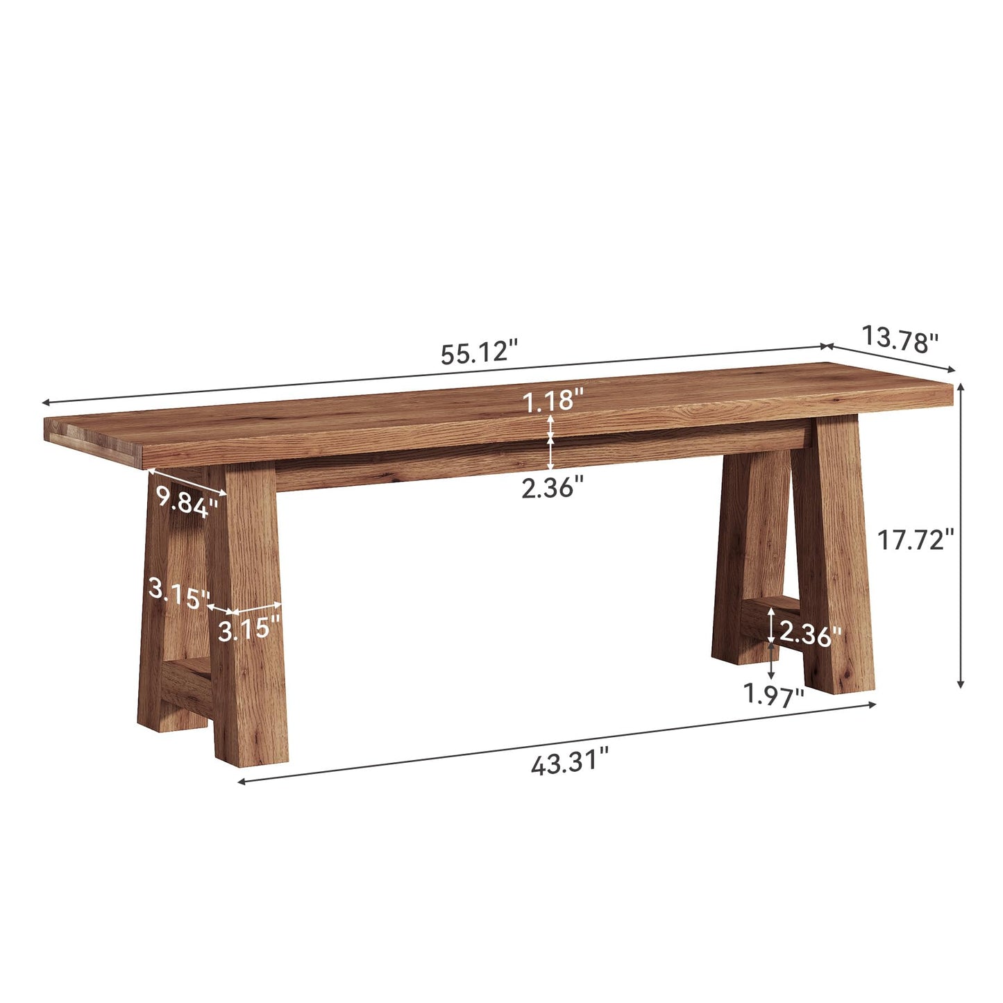 TRIBEWOOD Solid Wood Dining Bench with A-Shaped Legs, 55.12-Inch Farmhouse Entryway Bench Indoor for Hallway, Kitchen, Dining Room, Living Room (Brown)