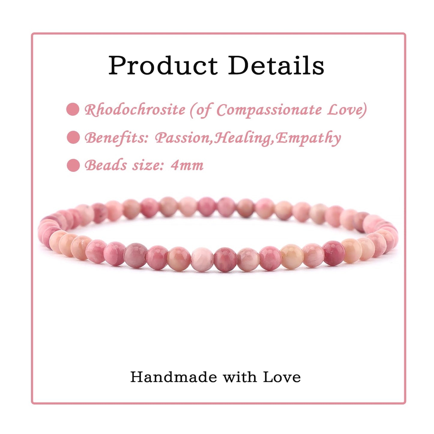 Bymitel 4mm Rhodochrosite - Handmade Reiki Gem Stretch Bracelet, Natural Beauty & Spiritual Essence, Crystal Healing for Unisex Adults