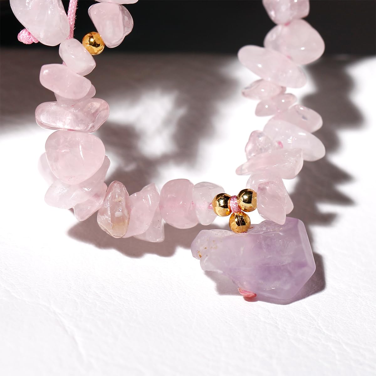 Jewever Chip Reiki Raw Amethyst Rose Quartz Crystal Bracelet for Women Chakra Tumbled Healing Crystals and Gemstones Yoga Meditation Stone Bracelets Adjustable (Rose Quartz)