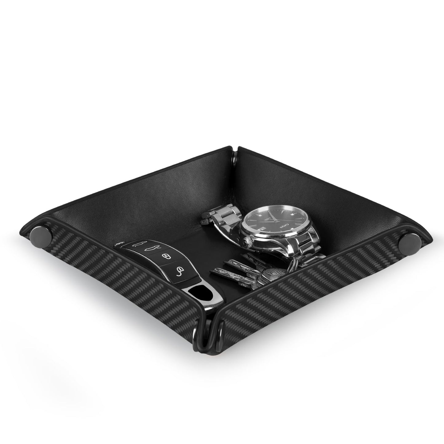Carbon Zone Valet Tray Organizer with Carbon Fiber Style Texture, Foldable Catchall Tray for Keys, Wallet & Everyday Essentials(Black-Small)