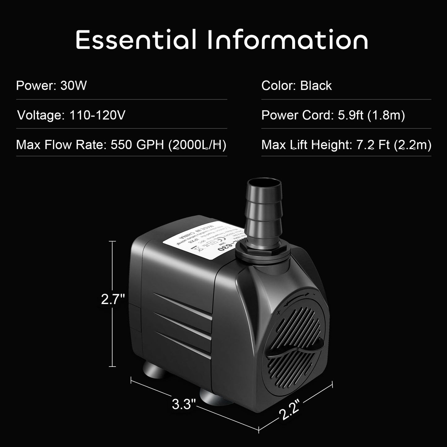 GROWNEER 550GPH Submersible Pump 30W Fountain Water Pump, 2000L/H, with 7.2ft High Lift, 3 Nozzles for Aquarium, Fish Tank, Pond, Hydroponics, Statuary, Pool