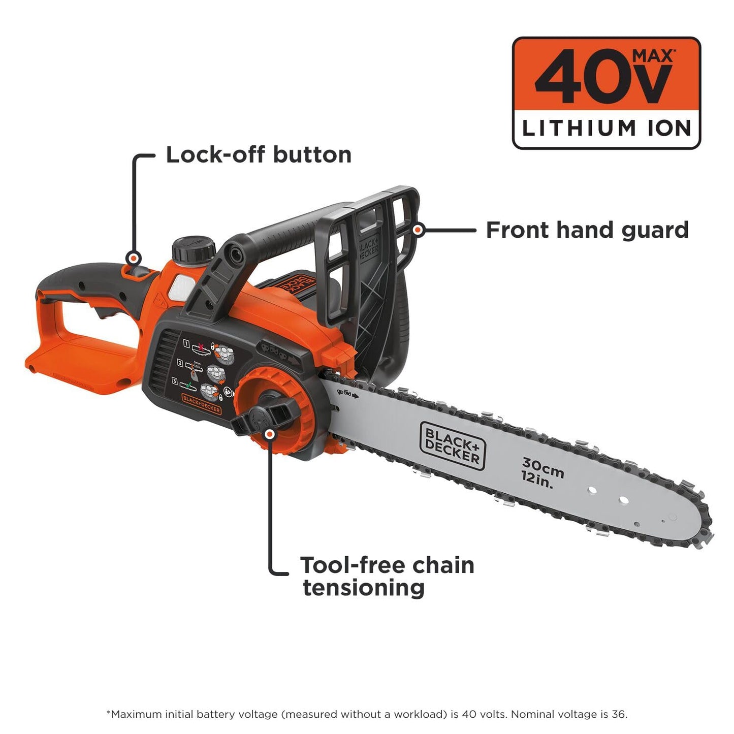 BLACK+DECKER 40V MAX Electric Chainsaw Cordless, 12 Inch Battery Chainsaw, Battery and Charger Included, Longer Runtime, Lightweight Rechargeable (LCS1240)