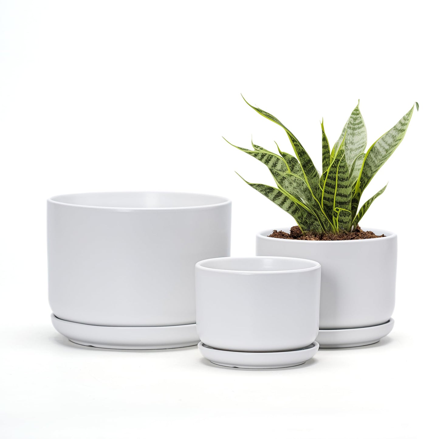 Ton Sin Plant Pots, 4.1+5.1+6.5 inch, Set of 3, Ceramic Planters with Drainage Hole and Saucer, Indoor Flower Pot with Drainage Hole, Gifts for Mom(Matte White)