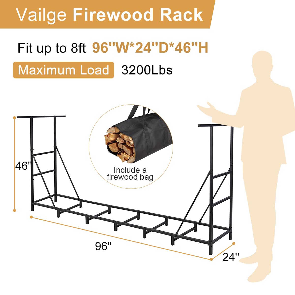 Vailge Firewood Rack Outdoor 8FT with Waterproof Firewood Carrier Bag, Adjustable Heavy Duty Steel Firewood Holder Storage, Log Rack for Fireplace, Fire Pit, Backyard, Camping
