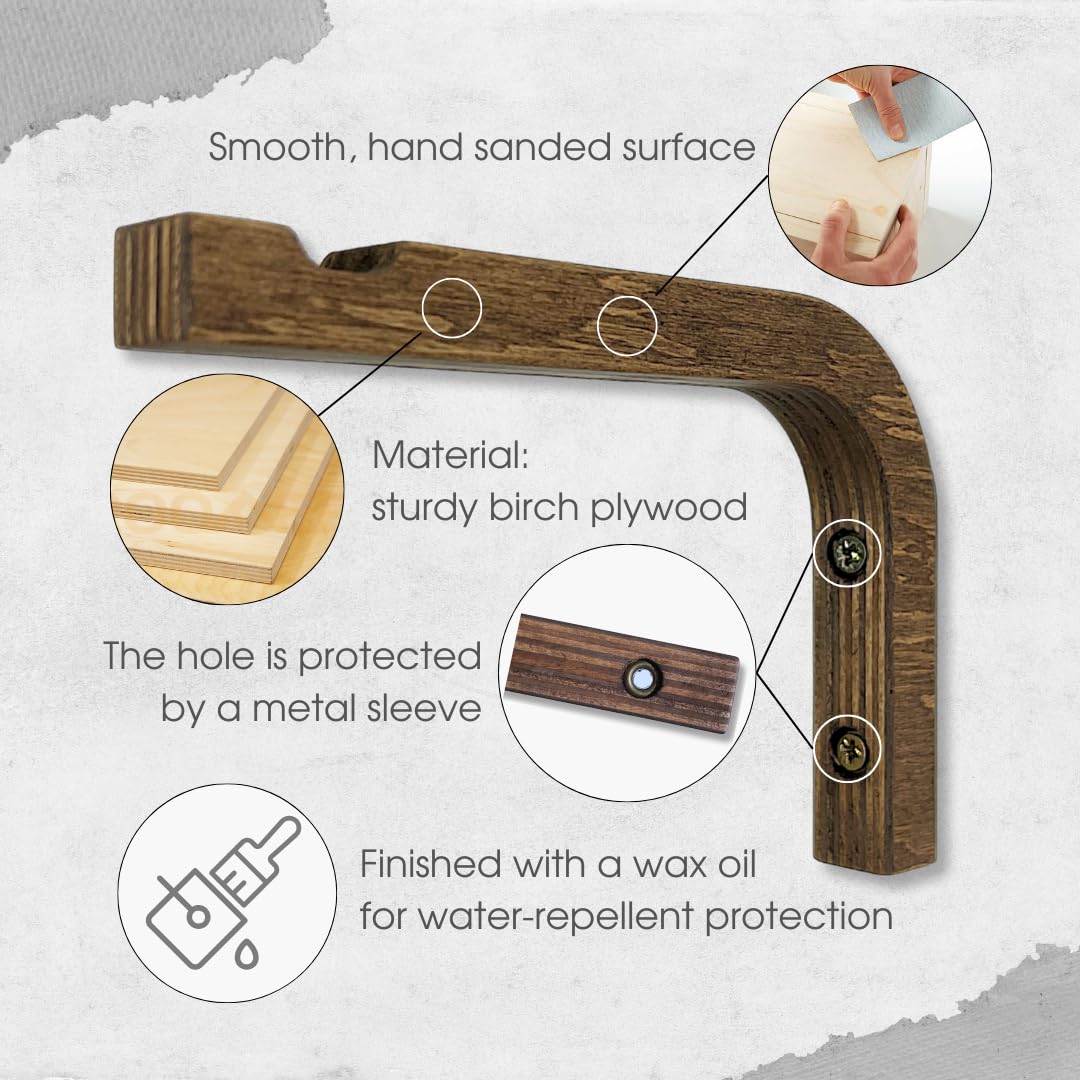 EvenWood 2-Piece Set of Plant Hooks for Wall 6 Inch - Mounted Wooden Plant Hook - Indoor and Outdoor Bracket Plant Hanger for Planters, Lanterns, Bird Feeders, Patio Decorations (Walnut)