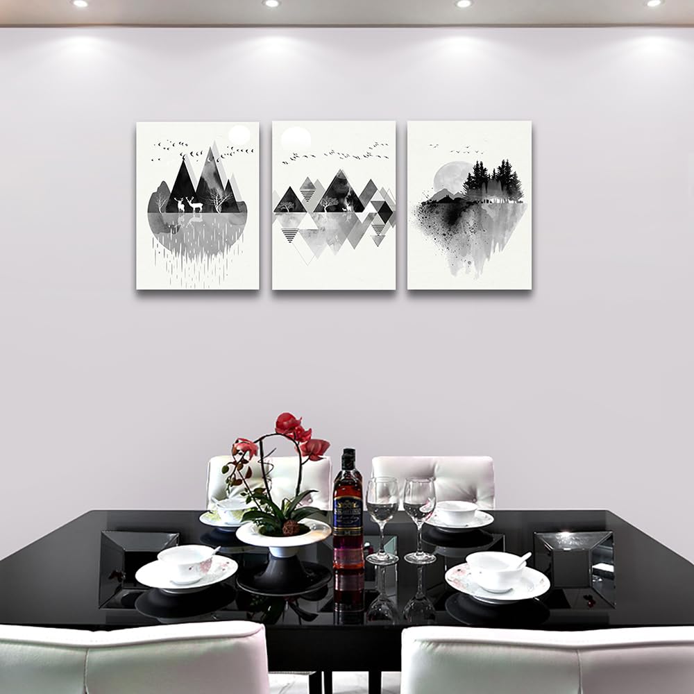 DZRWUBHS Large Abstract Wall Art - 3 Pieces, Black And White Mountain Geometric Wall Painting For Living Room, Office, Bedroom Decor