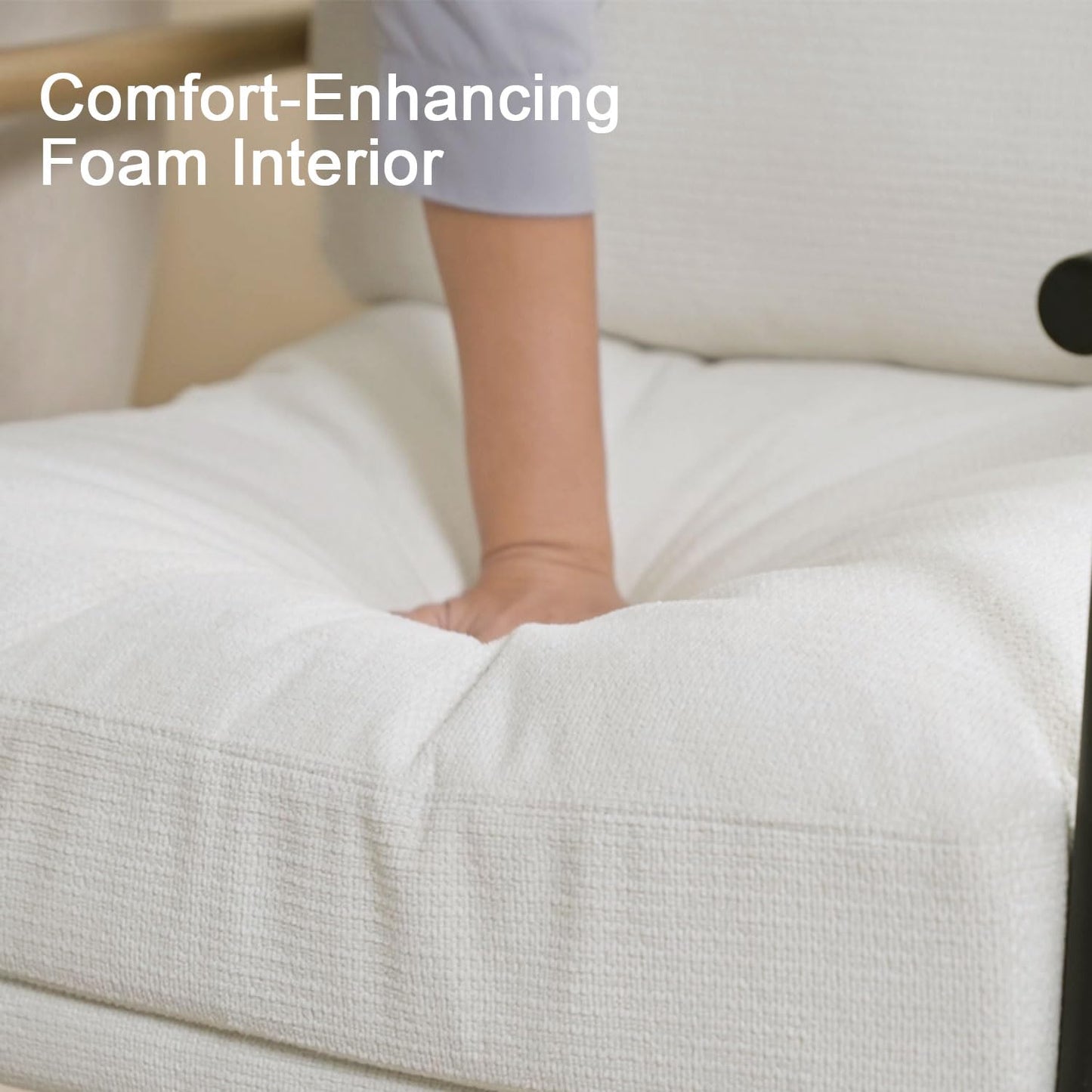Accent Chair Mid Century Modern Armchair for Living Room,Bedroom,Office,Lounge Comfy Chenille Upholstered Soft Removable Washable Cushions and Pillows,Metal Wood-Grain Armrest Legs,White