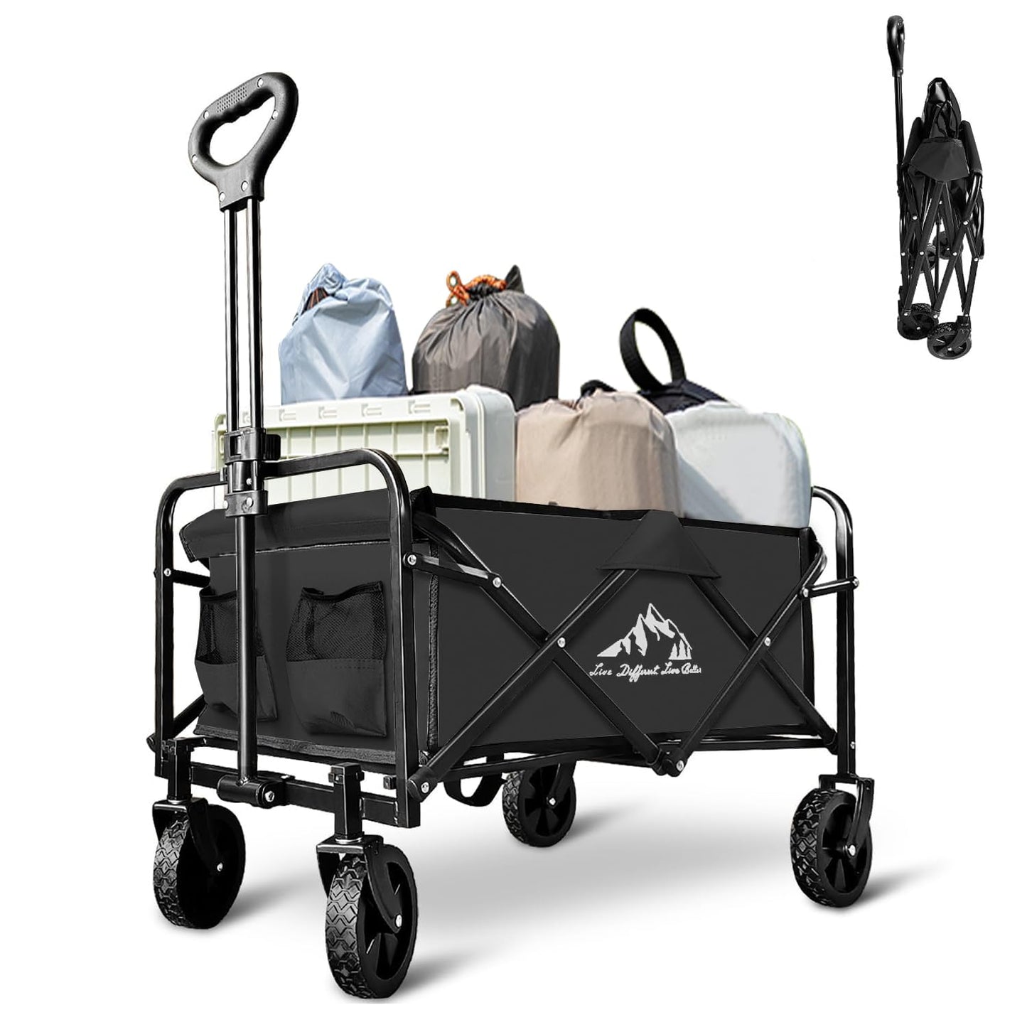 SAILARY Collapsible Wagon Cart Foldable Portable Heavy Duty Folding Beach Wagons, Outdoor Utility Carts with Large Capacity for Grocery, Camping, Shopping, Fishing, Sports, Garden Black