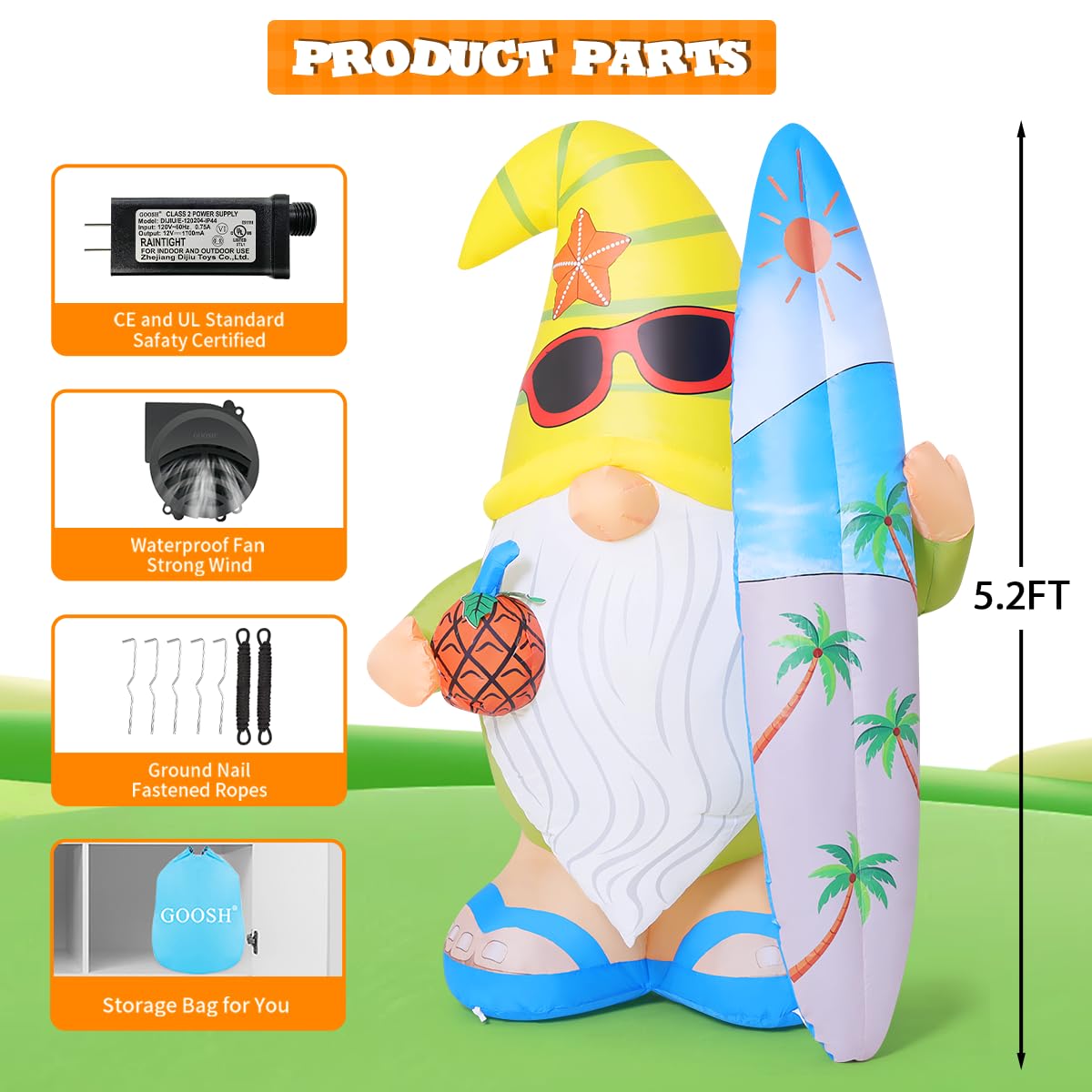 GOOSH 5.2 FT Summer Inflatables Hawaii Gnome Decorations Outdoor Blow Up Yard with Surfboard&Pineapple Built-in LEDs for Garden Lawn Indoor Party Beach Decor
