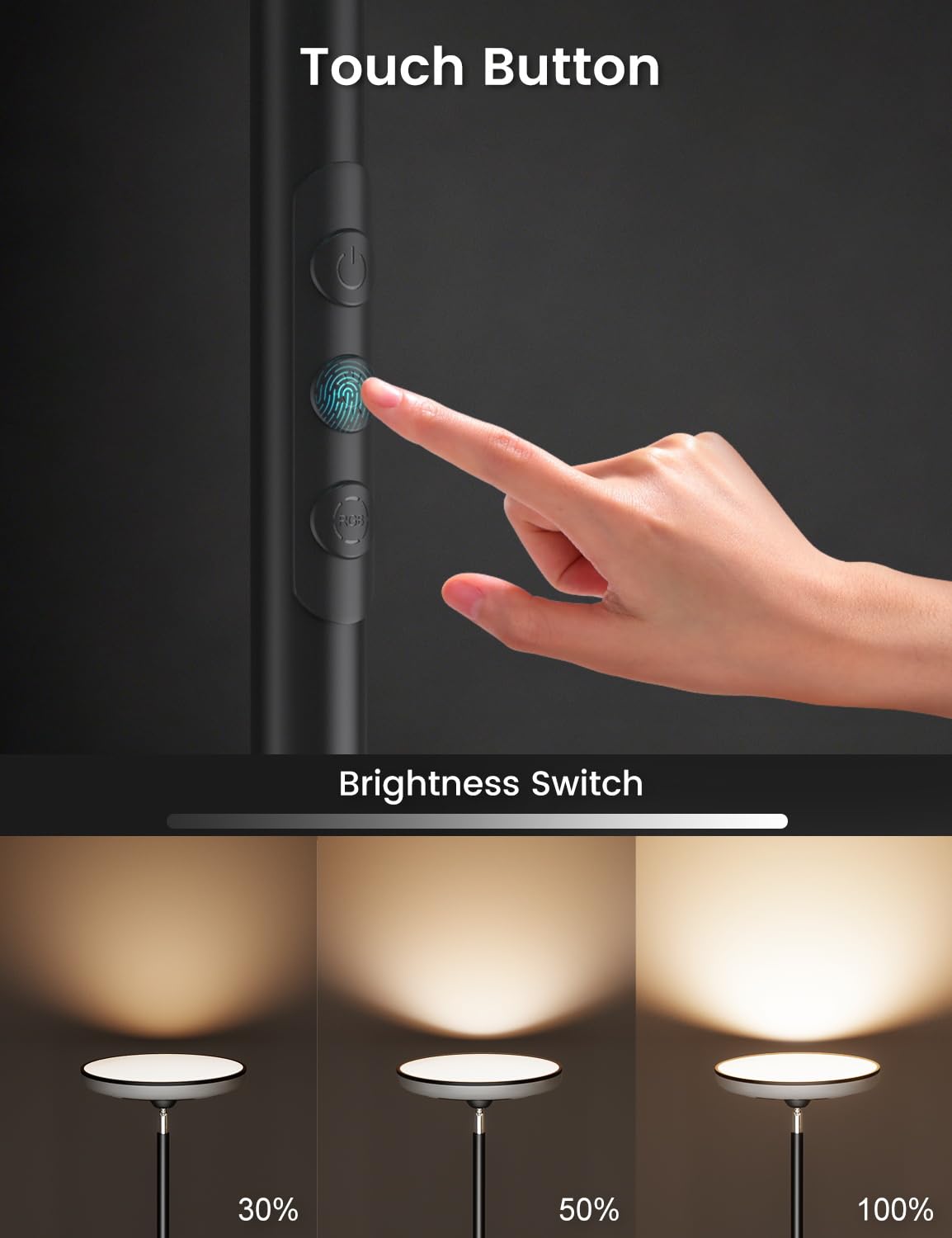 UFO LED Torchiere Floor Lamp with RGB Ambient Light, 42W 3700LM Bright Dimmable Sky Lamp,71in Modern Tall Standing Lamp with Remote Touch Control&Timer,for Living Room Bedroom Office Gaming Room,Black