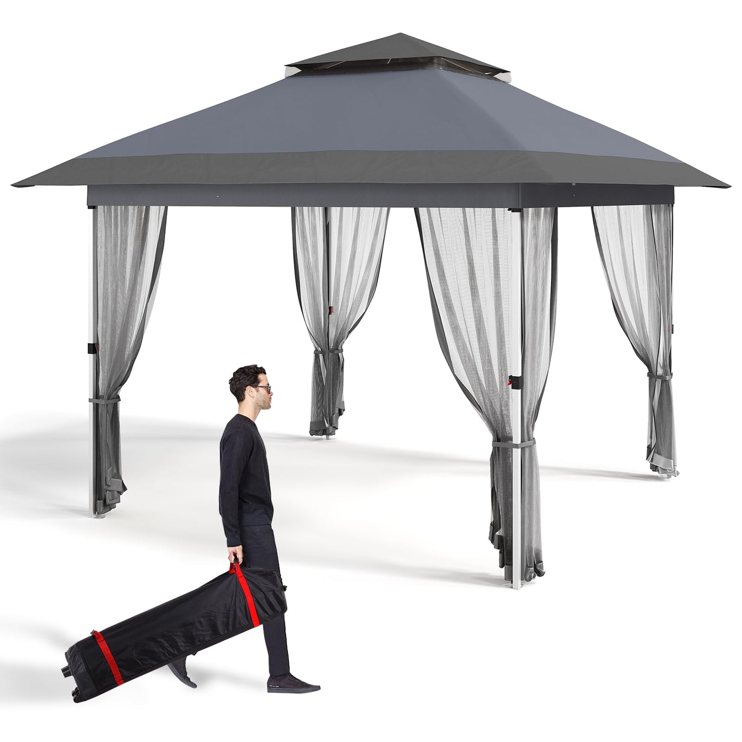 Garvee 11'x11' Gazebo Canopy Tent with Curtains, Pop Up Outdoor Shelter with Mosquito Netting for Patio, Backyard Party, 2-Tiered Vented Top, 121 Square Feet of Shade, Gray