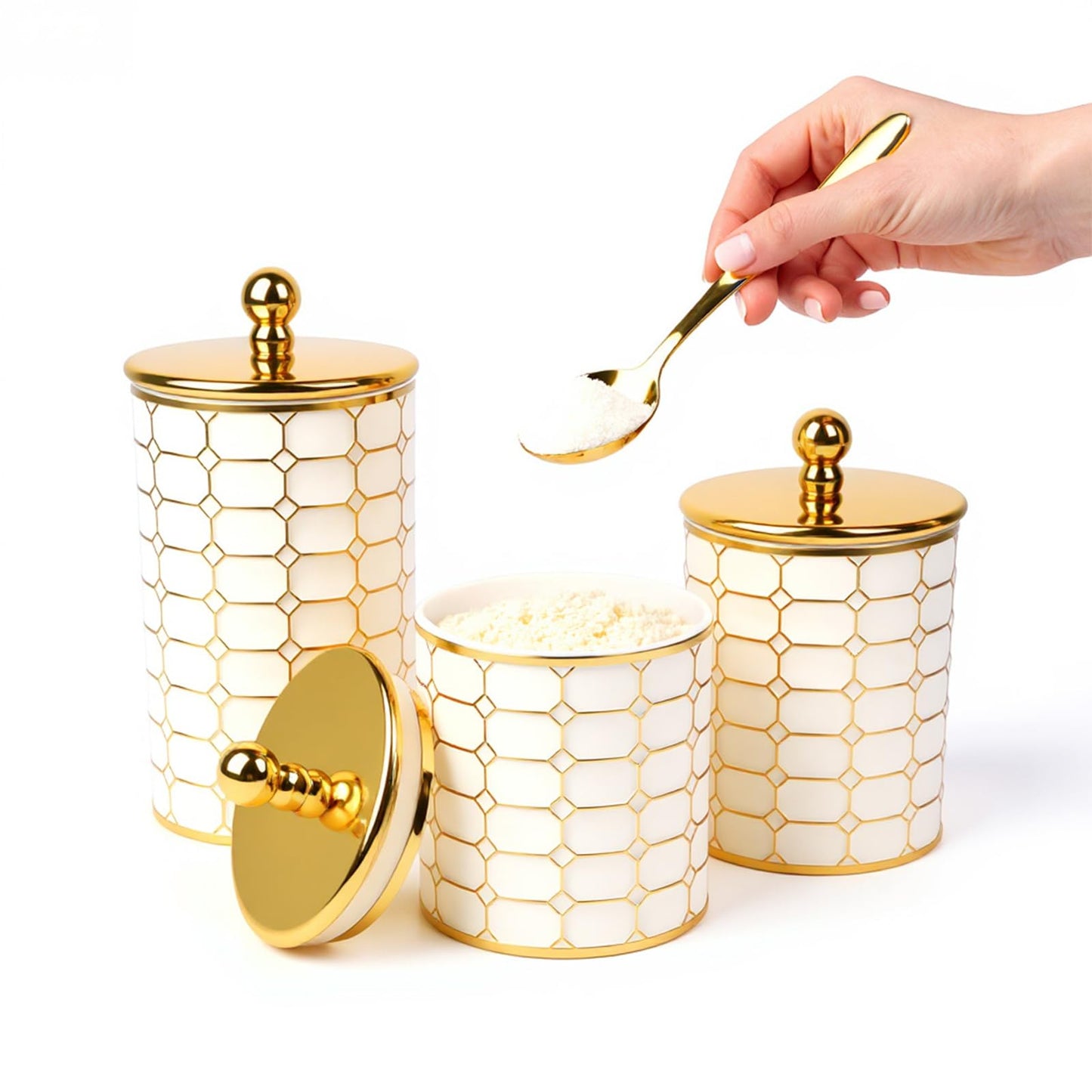 BigKing 3 Piece Plastic Canister Set for the Kitchen Counter - Sugar and Flour Containers with Airtight Lids for Countertops, Coffee and Tea Storage, Farmhouse Decor (Flat Lid)