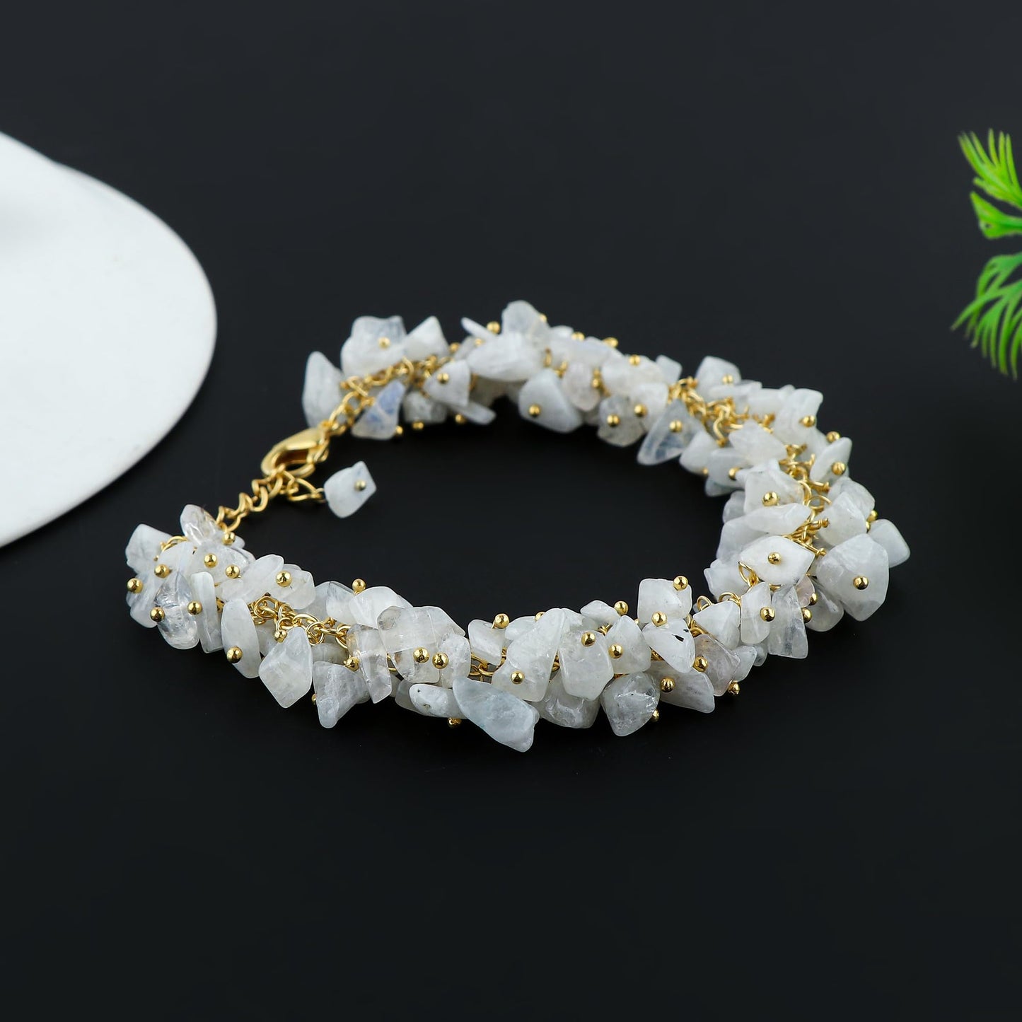 CRYSTALINES Natural White Moonstone Gemstones Cluster Bracelet, Handmade Bohemian Jewelry, Chips Nuggets Beads Stones, Healing Crystals, 14K Gold Plated Chain, Christmas Gift for Women, 8inch