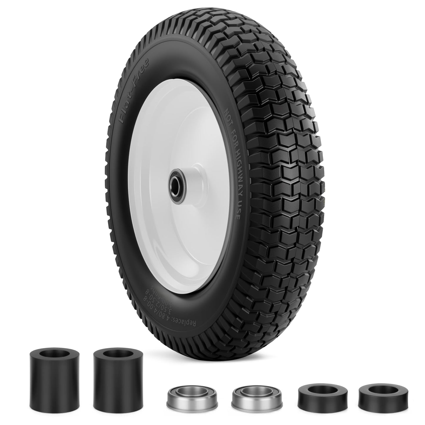 4.80/4.00-8 Tire, 14.5" Flat-free Solid Tire Wheels with 5/8" Axle Bore Hole, 3-7" Centered Hub, Universal Fit 4.80/4.00-8, 3.50/3.00-8, 4.00-6 Wheelbarrow Wheels(White, 1 Pack)