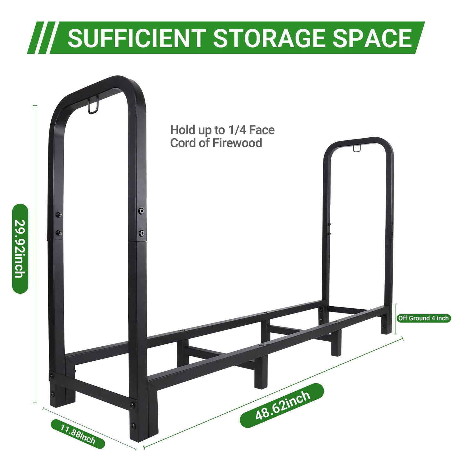 Luoieo 4FT Firewood Rack Outdoor, Holds 1543 LBS with 8 Sturdy Legs, Adjustable 2.6FT Elevated Log Holder Keeps Wood Dry, Black