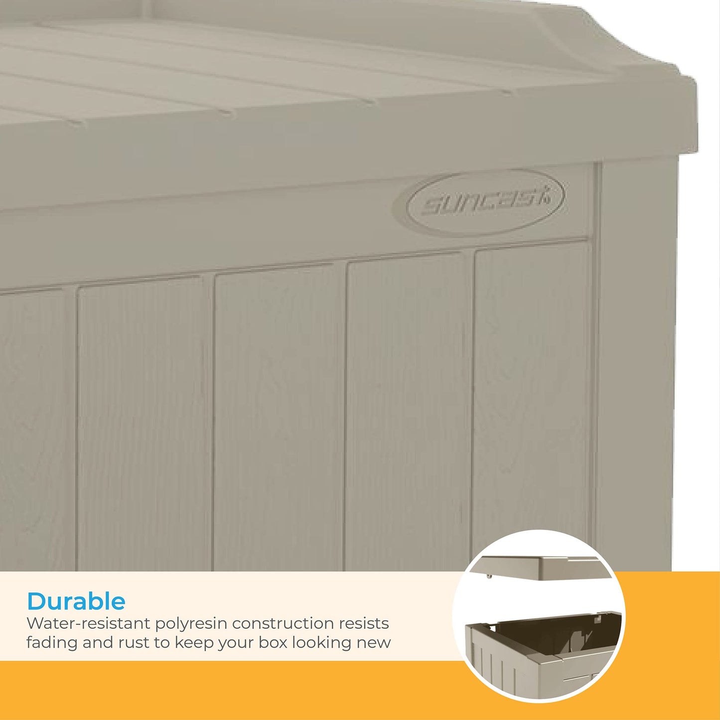 Suncast Outdoor Storage Box - 22 Gallon Light Taupe Resin Outdoor Deck Box with Seat, Weatherproof Patio Storage Bin Container for Keeping Cushions, Tools & Towels for Pool, Yard, & Garden