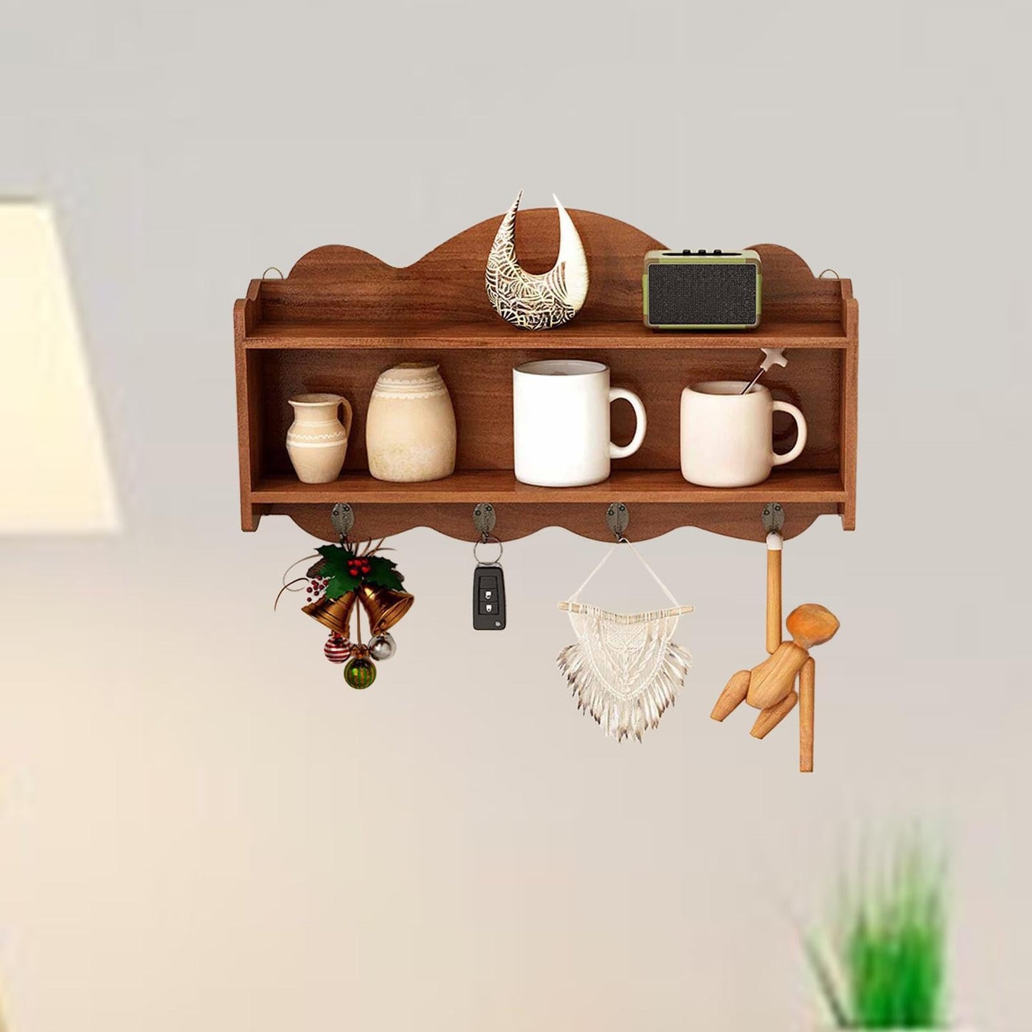 Bothyi Kitchen Shelves Key and Cup Holder Sturdy Multifunction with Hooks Antique Shelf Ornaments Display Stand for Bedroom Entryway, Brown