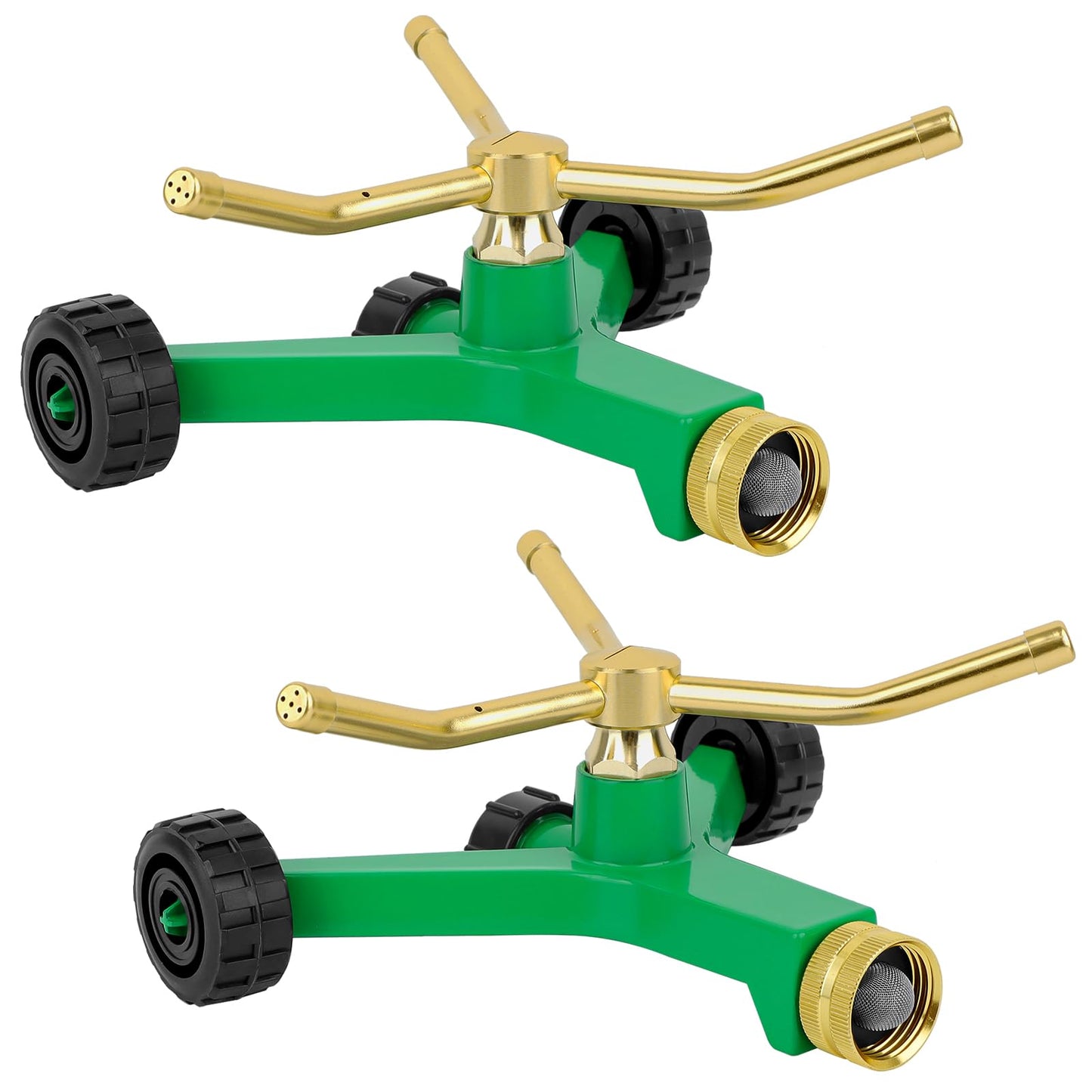 [2 Pack] RESTMO 3-Arm Metal Sprinkler with Wheel Base, 360 Degree Automatic Rotary Lawn Sprinkler System for Garden Plant, Flower Bed and Yard Watering and Large Yard Area Watering