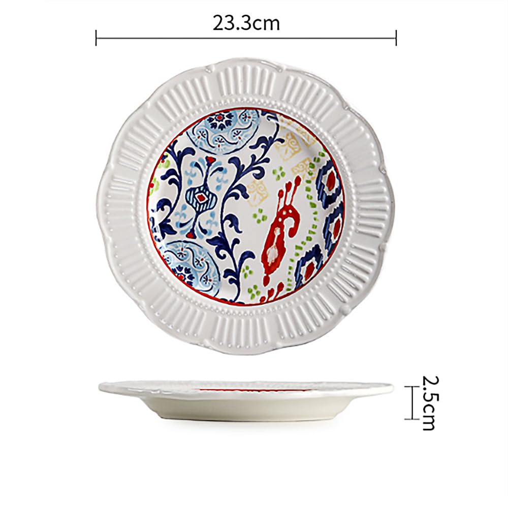 9 Inch Floral Porcelain Plates,Unique Embossed Flower Shape,Microwave & Dishwasher Safe, Artisan Hand-Painted Design for Steak,Salad,Dessert,Home & Restaurant Use