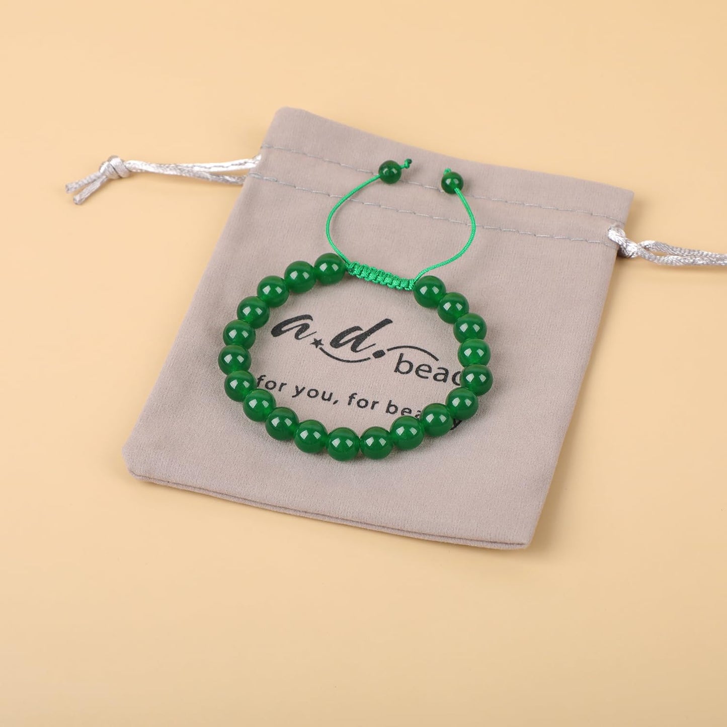 AD Beads Natural 8mm Gemstone Bracelets Healing Power Crystal Macrame Adjustable 7-9 Inch (Green Jade)