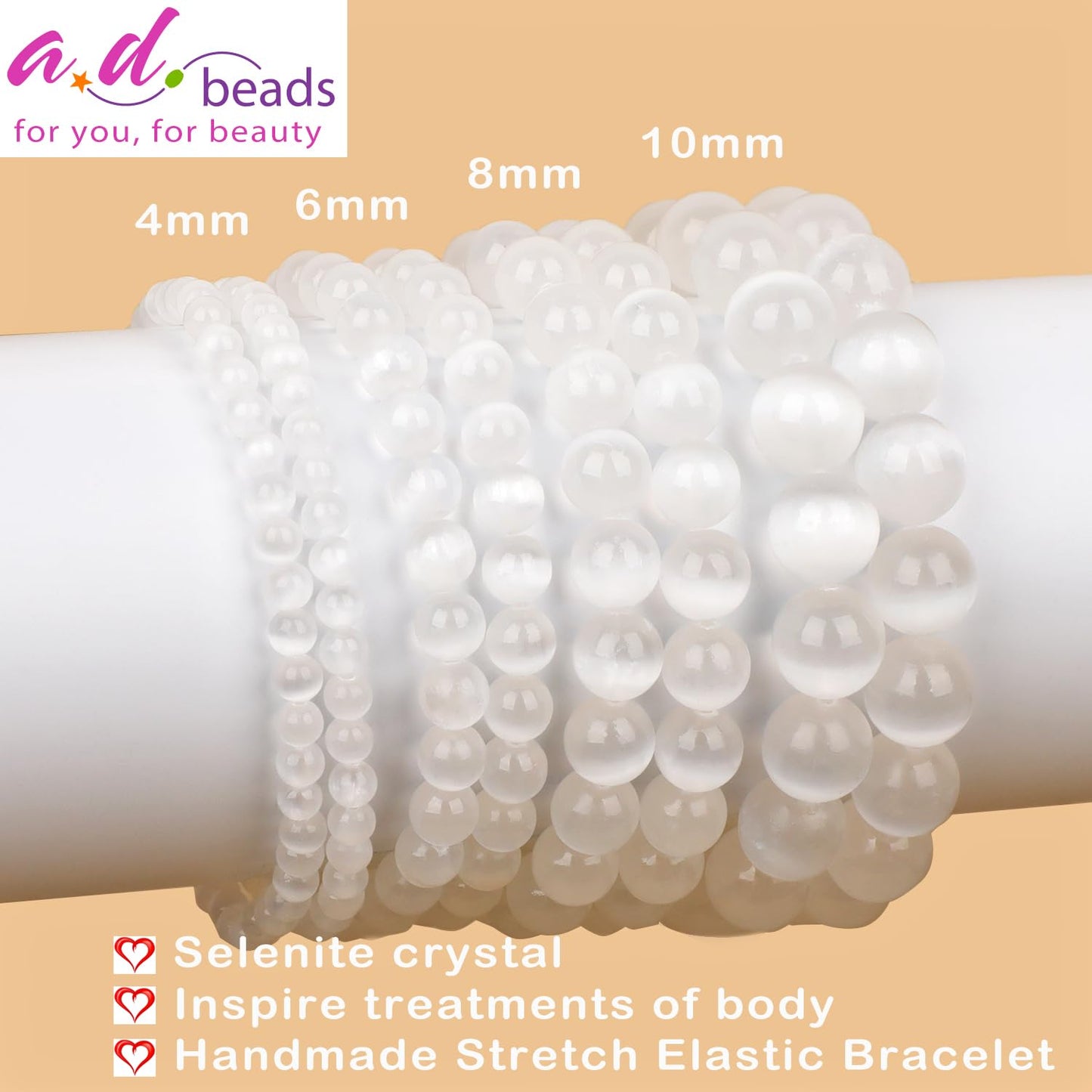 AD Beads Handmade Gemstone Stretch Elastic Bracelet Crystal Healing Reiki Nature's Beauty and Spiritual Essence Unisex (10mm, Selenite Crystal (Inspire Treatments))