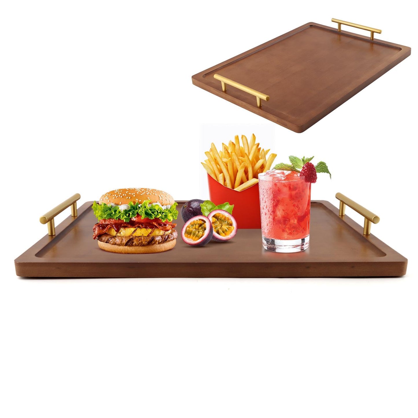 Wooden Serving Tray, 17x12In Wooden Food Drinks Tray with Metal Handles for Coffee Table, Breakfast, Dinner & Bar, Rustic Decorative Ottoman Tray for Kitchen, Parties