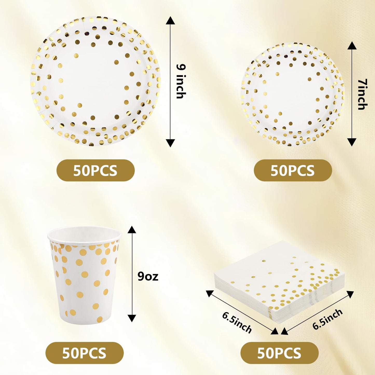 hapray 201 PCS Disposable Paper Plates Gold Party Supplies, Golden Polka Dots Birthday and Baptism Decorations, include Plates and Cups, Napkins, Plastic Tablecloth for Baby Shower Wedding Christmas